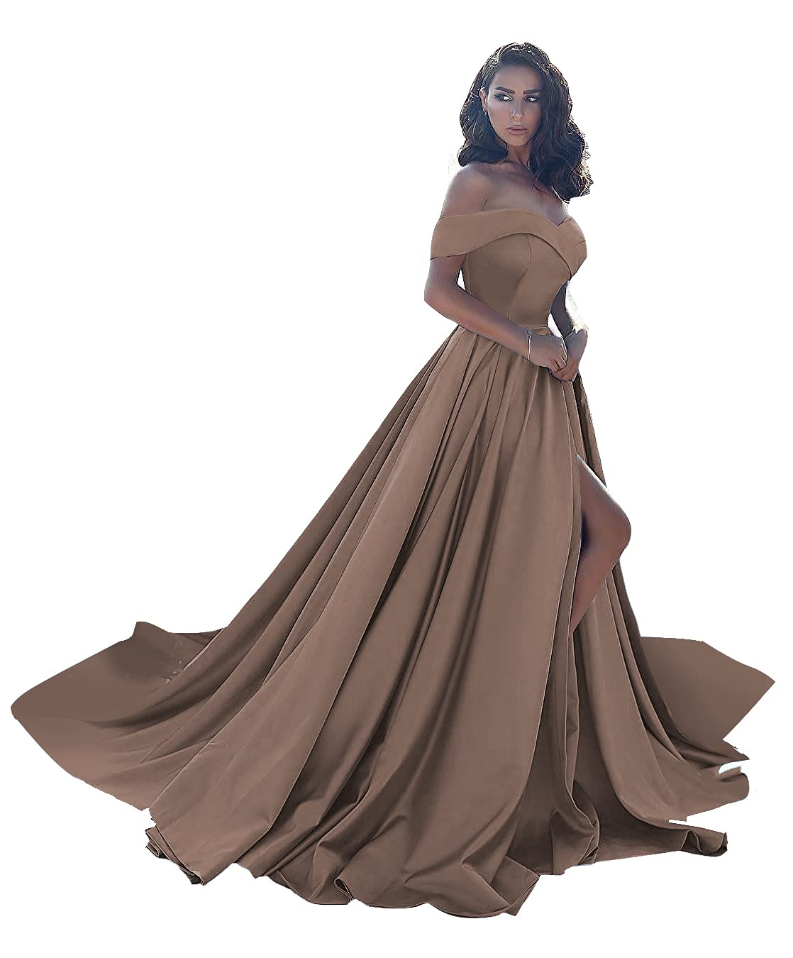 Plus Size Ball Gowns for Women - Elegant Off Shoulder Satin Prom Dresses 2024 | A-Line Formal Evening Gowns with Thigh Slit for Weddings, Galas & Special Occasions