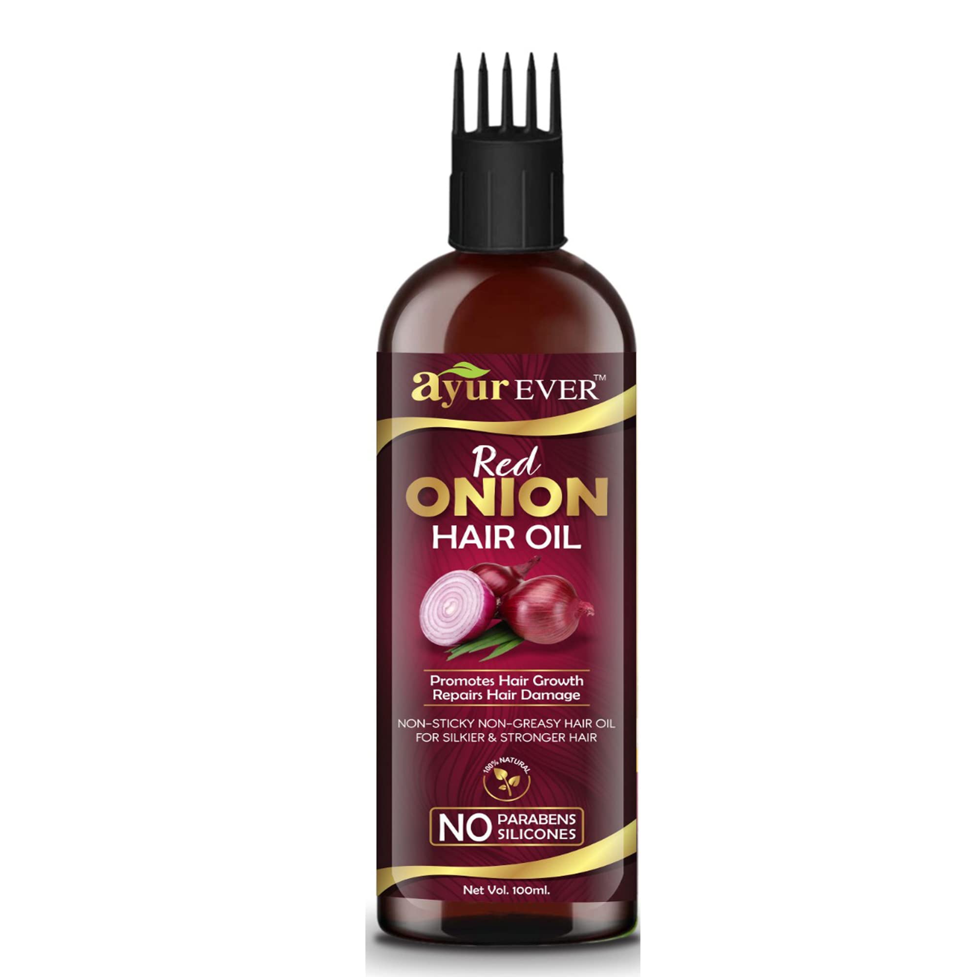 AYUREVER Red Onion Hair Oil for Hair Growth & Hair Loss Treatment - Anti-Dandruff Scalp Care with Deep Root Comb Applicator (100ml) - Promotes Thicker, Stronger Hair for Men & Women | Daily Hair Care & Styling Essential