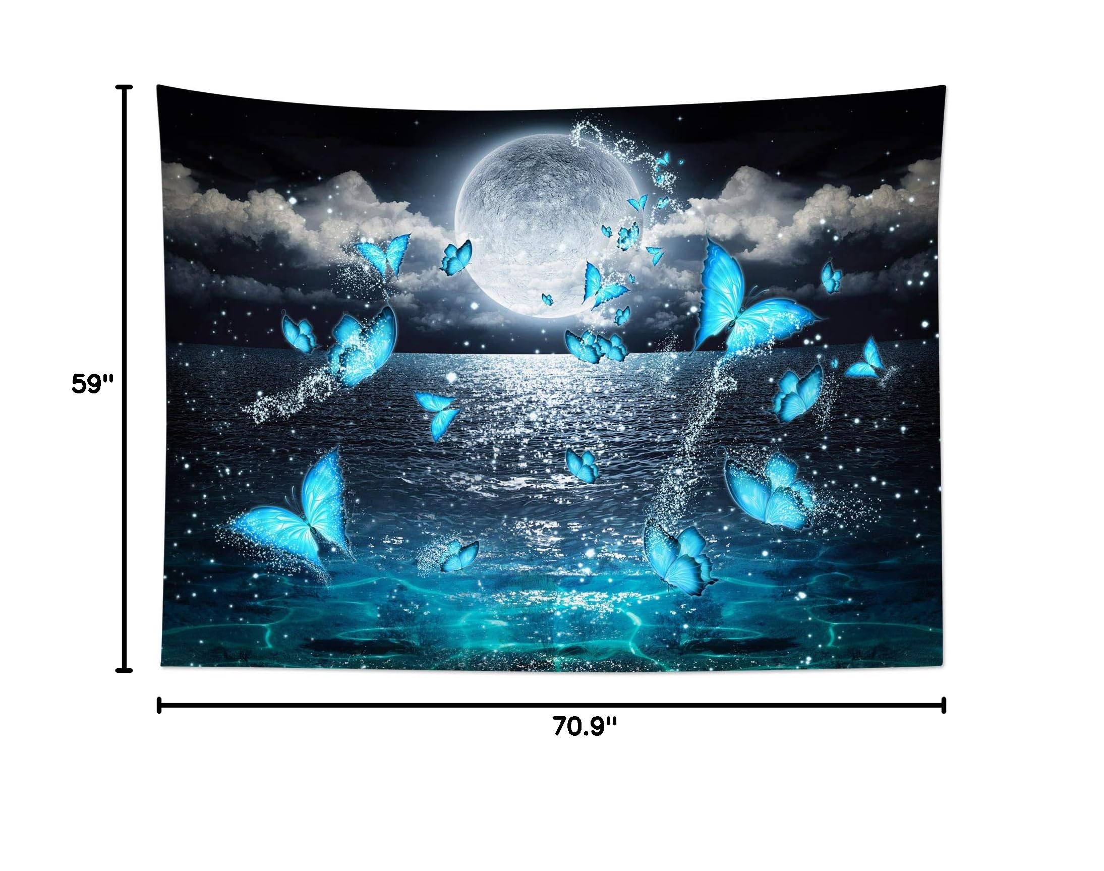 HVEST Ocean Tapestry Wall Hanging - Teal Magic Butterfly Flying Over Moonlit Ocean Night Sky, Nature Scenery Decor for Bedroom, Living Room, Party, 59x51 Inches, Perfect for Meditation Spaces and Coastal-Themed Interiors