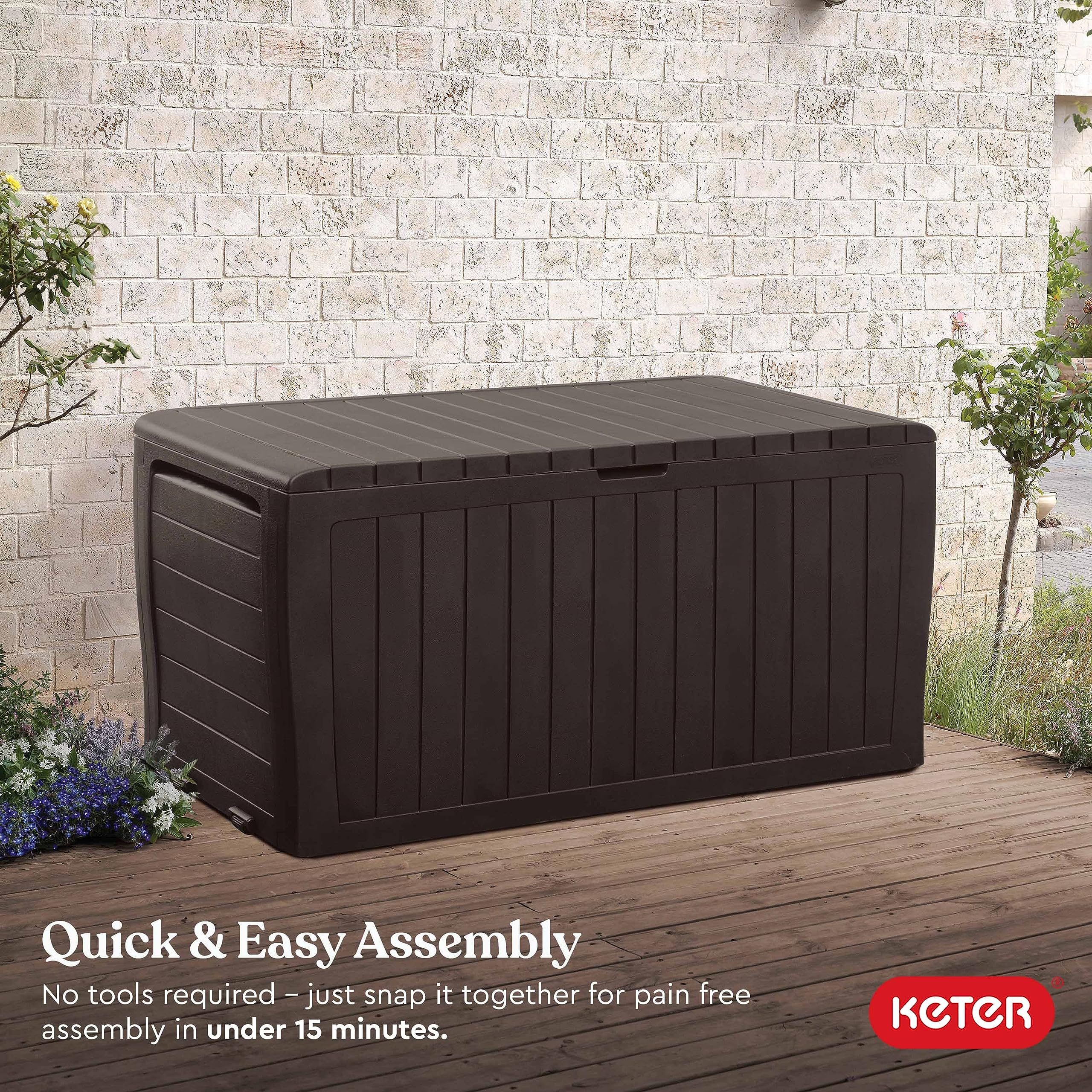 Keter Marvel Plus 71 Gallon Resin Outdoor Storage Box - Weatherproof Patio Furniture Cover for Cushions, Pillows, Garden Tools & Pool Accessories (Brown) - Perfect for Backyard, Deck & Poolside Organization