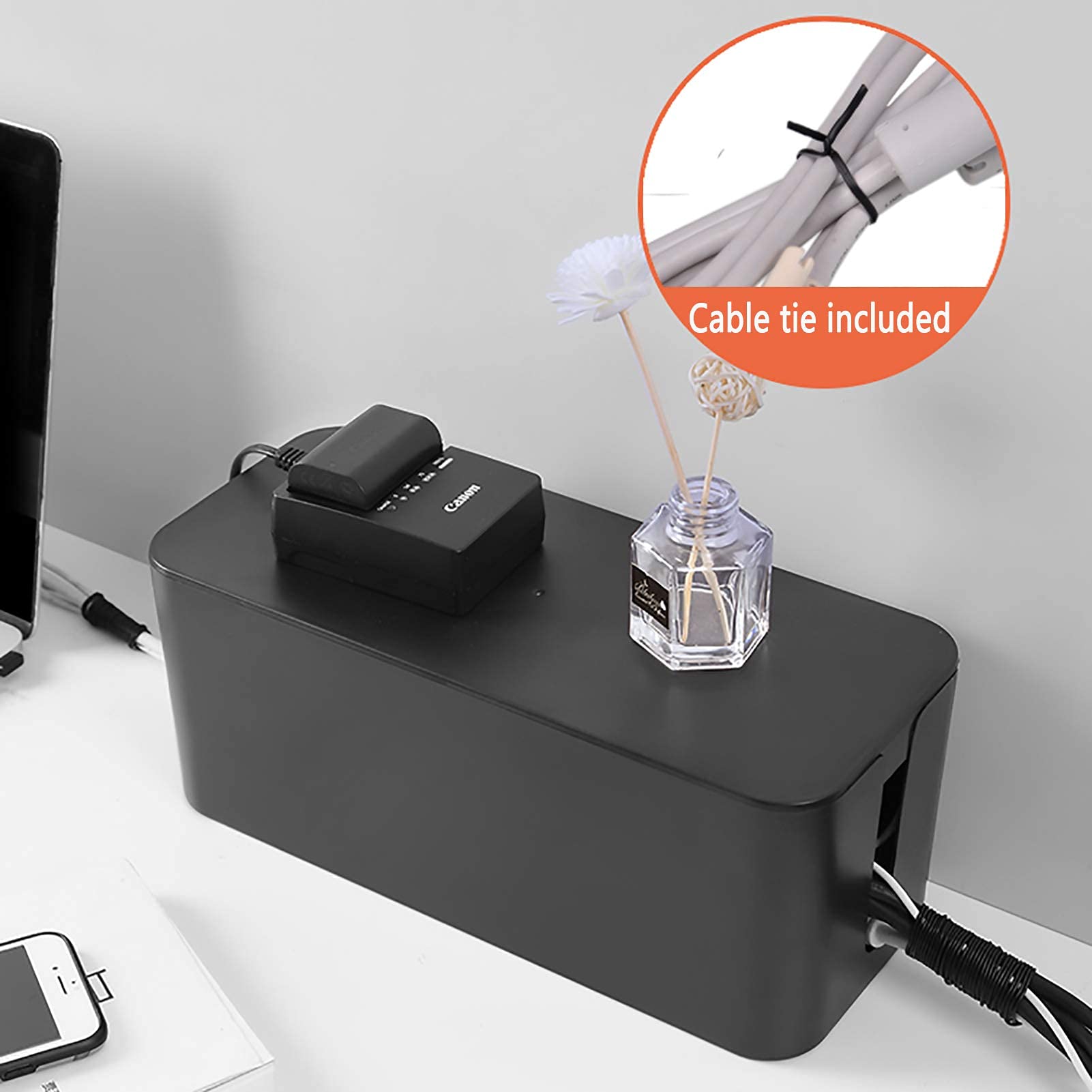 Cable Management Box Organizer - Large Wire Hider for Power Strips & Surge Protectors - Home & Office Cord Cover System - Perfect for Desk, TV Stand, and Entertainment Center Organization