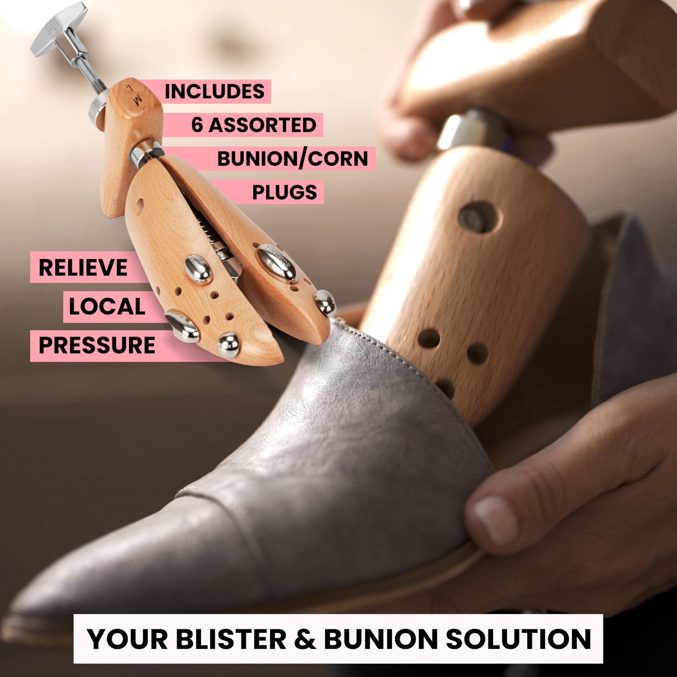 HOUNDSBAY Adjustable Shoe Stretchers for Men & Women - Plastic & Wooden Shoe Widener Expander for Boots, Sneakers & Dress Shoes - Perfect for Comfort & Foot Pain Relief