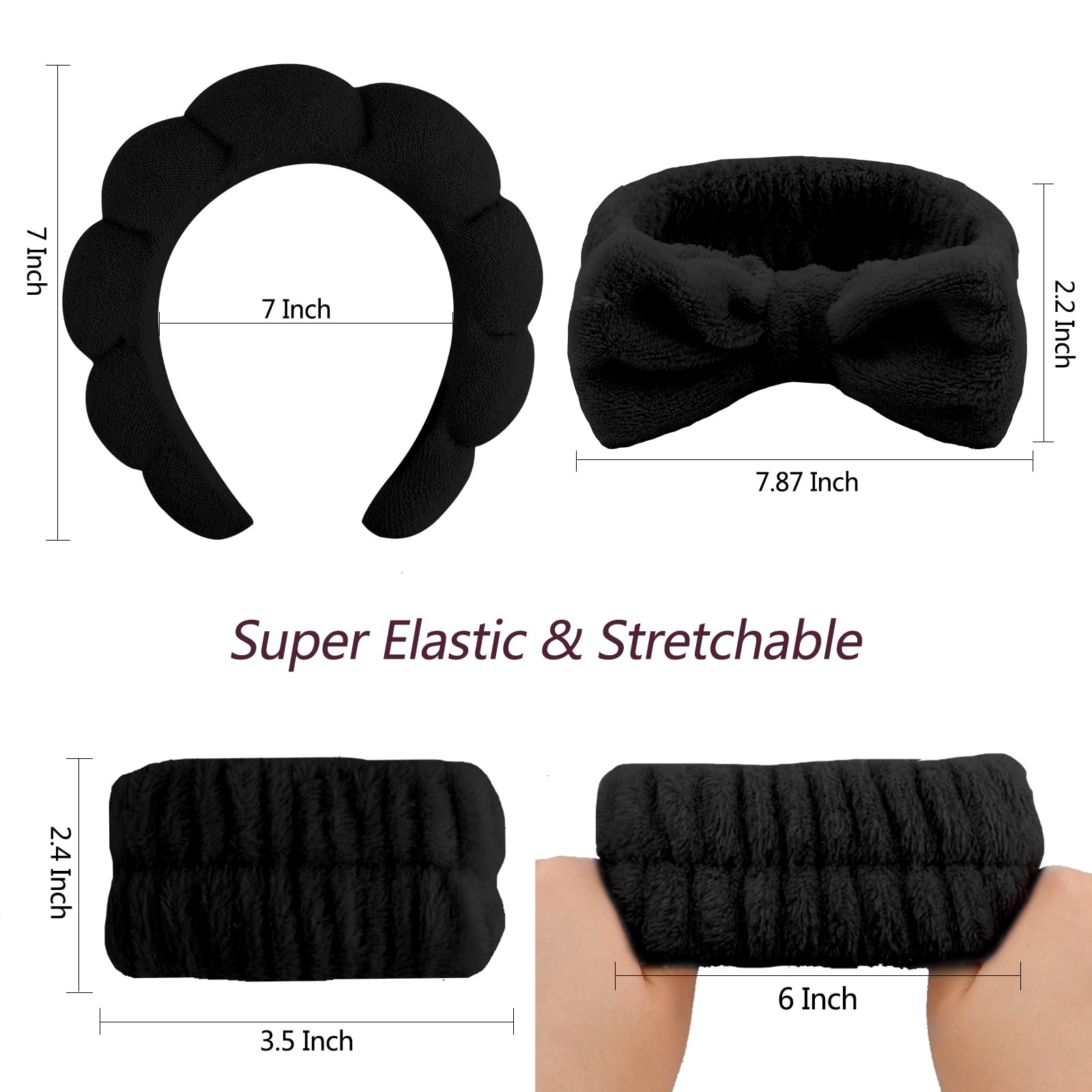 VELSCRUN 6 Pack Black Sponge Hair Bands with Bow Tie - Soft & Absorbent Spa Headbands for Women | Perfect for Makeup, Face Washing, Skincare & Hair Styling | Great Gift Idea for Her | Use at Home Spa, Salon or Gym