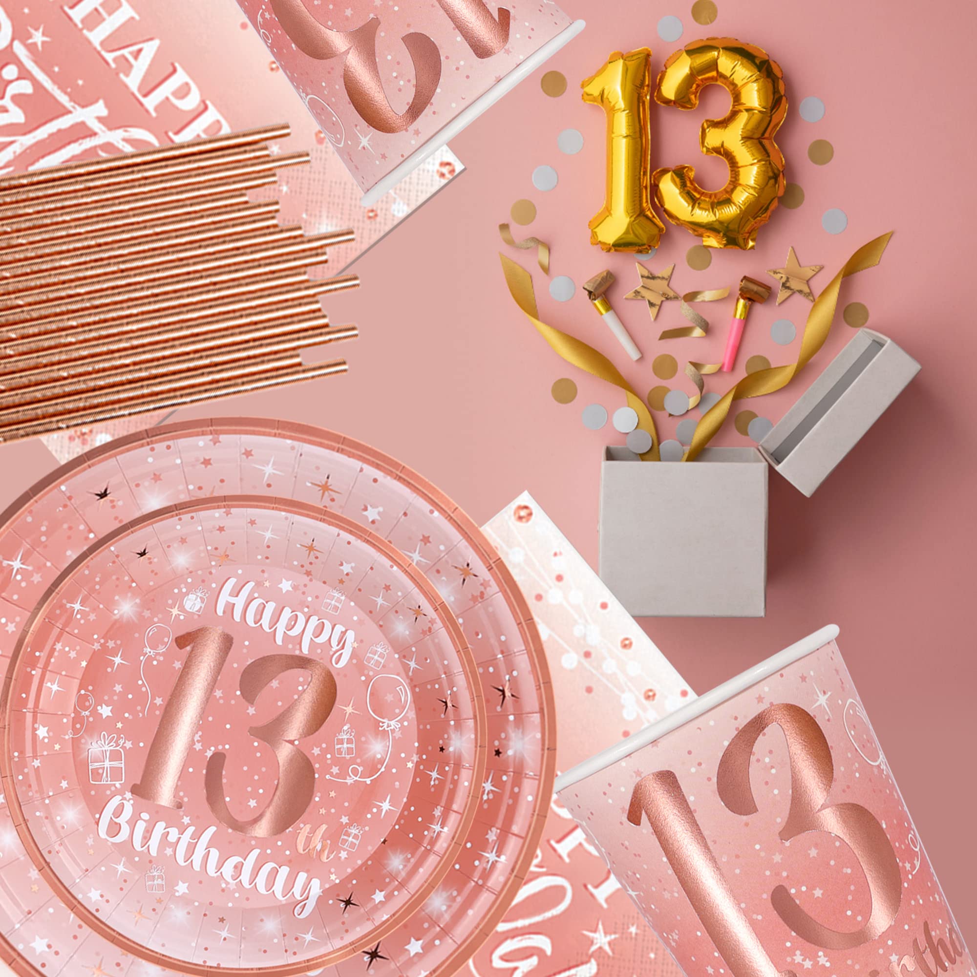 13th Birthday Party Decorations for Girls - Rose Gold Happy Birthday Banner, Balloons & Plates Set (13 Count) | Perfect for Teen Birthday Parties, Sweet 16 Decor & Special Celebrations