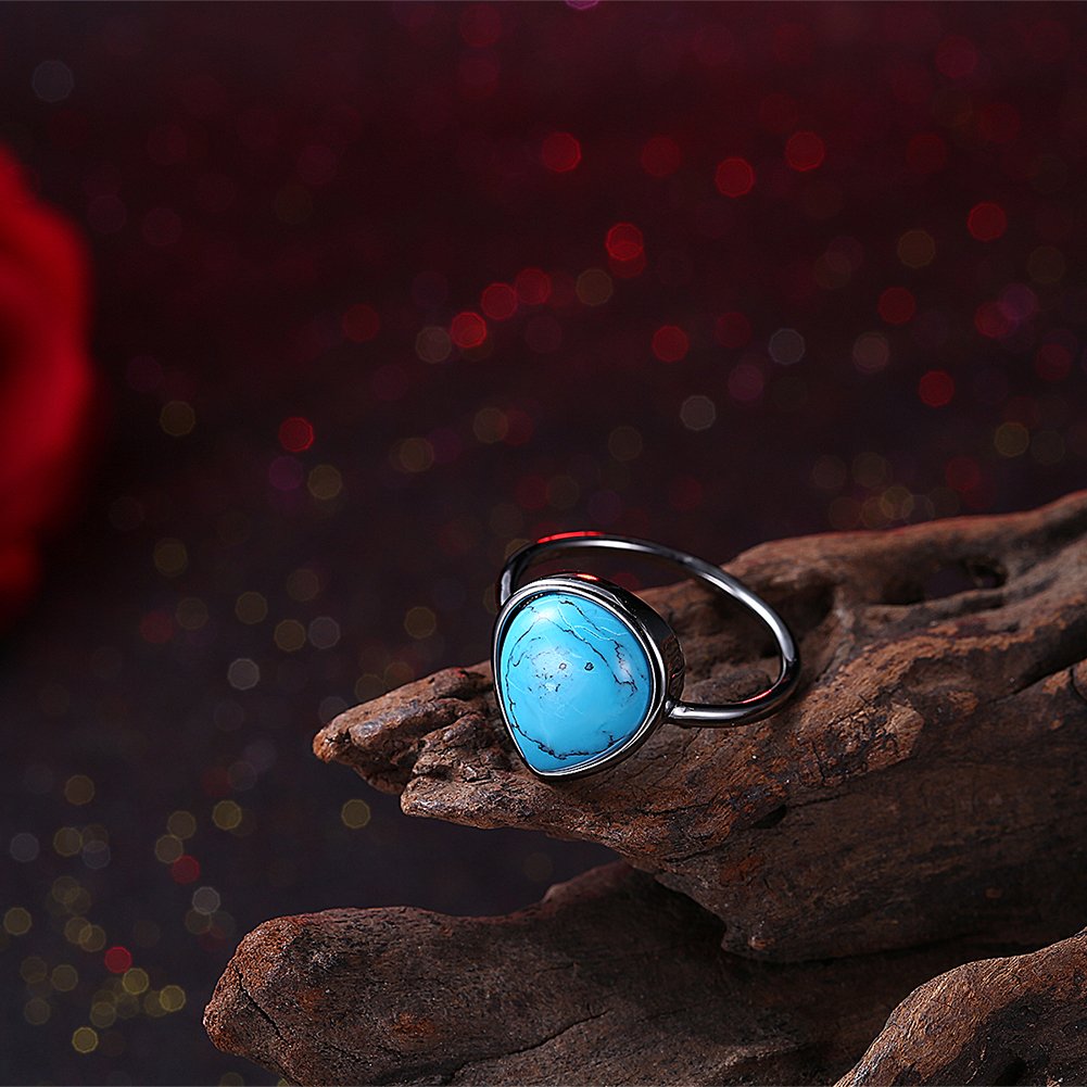 Platinum Plated Black Gun Halo Plain Ring for Women with Kallaite Stone - Blue B501 | Elegant Jewelry Gift for Birthday, Anniversary & Special Occasions