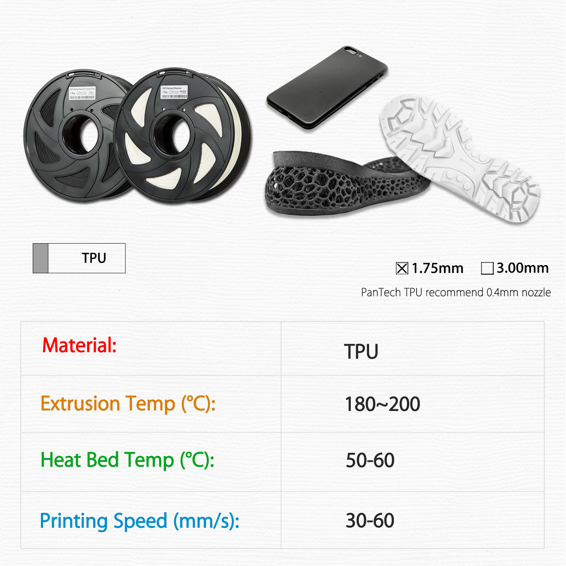 PanTech High-Quality TPU 3D Printing Filament 1.75mm - Flexible, Durable Filament for Cosplay, Phone Cases & Prototyping (1kg Spool) - Perfect for DIY Projects, RC Tires & Shock-Absorbing Parts