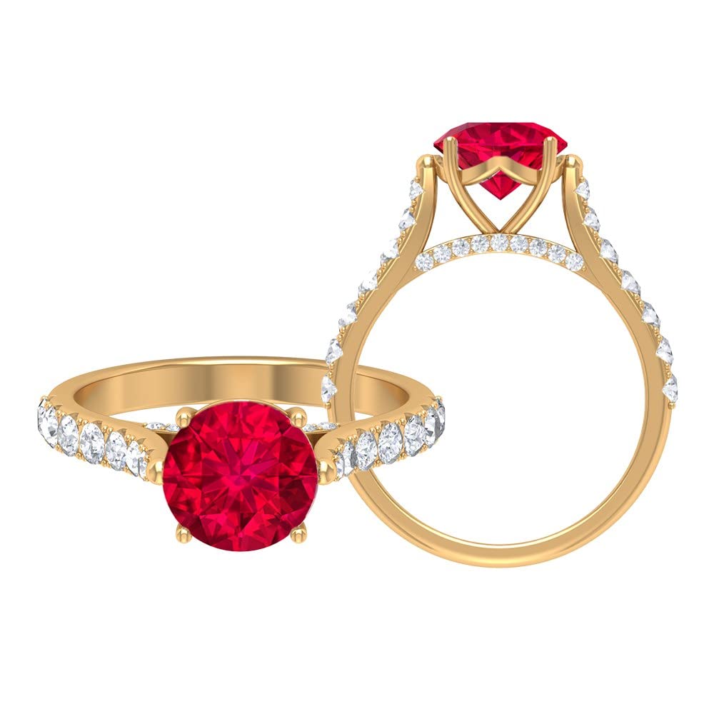 Lab Created Ruby Ring with Moissanite - 8MM Round Cut Genuine-Looking Ruby in 14K Solid Gold, Elegant Side Stones for Women - Perfect for Engagement, Anniversary, and Special Occasion Gifts