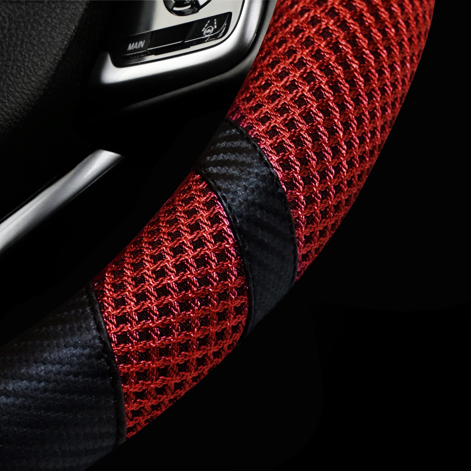 BOKIN Carbon Fiber Steering Wheel Cover - Universal 14.5-15 Inch Auto Accessory, Microfiber Leather with Breathable Ice Silk Design for Summer Cooling & Winter Warmth - Red Carbon Fiber Style - Perfect for Daily Driving, Road Trips & Car Interior Protection