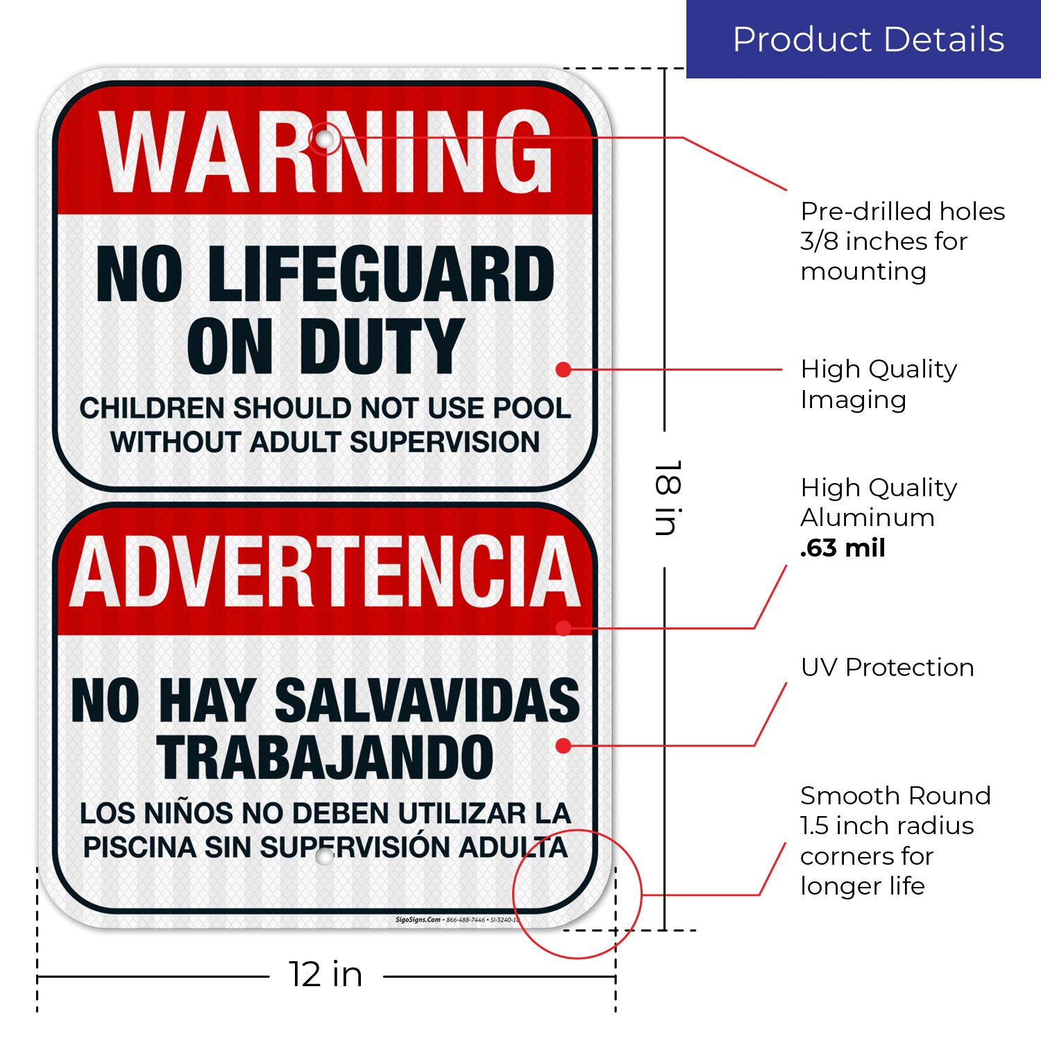 Bilingual No Lifeguard On Duty Sign - Spanish/English 12x18 Inch | 3M EGP Reflective .063 Aluminum | Fade Resistant & Easy Mounting | Indoor/Outdoor Safety Sign | Made in USA | Perfect for Pools, Beaches & Water Parks