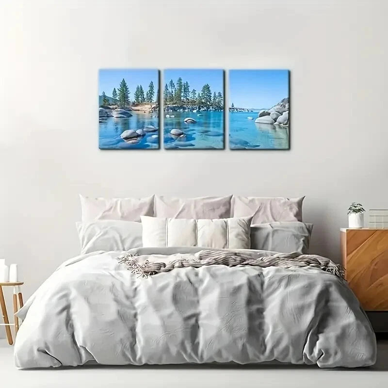 3-Piece Vibrant Forest & Rocky Lake Metal Wall Art Prints - Ready to Hang Nature Landscape Decor for Living Room, Bedroom & Office