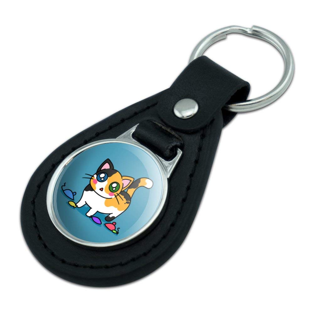 Black Leather Calico Kitten Keychain with Cat Toys - Cute Pet Lover Gift for Cat Owners, Perfect for Keyrings, Bags & Backpacks