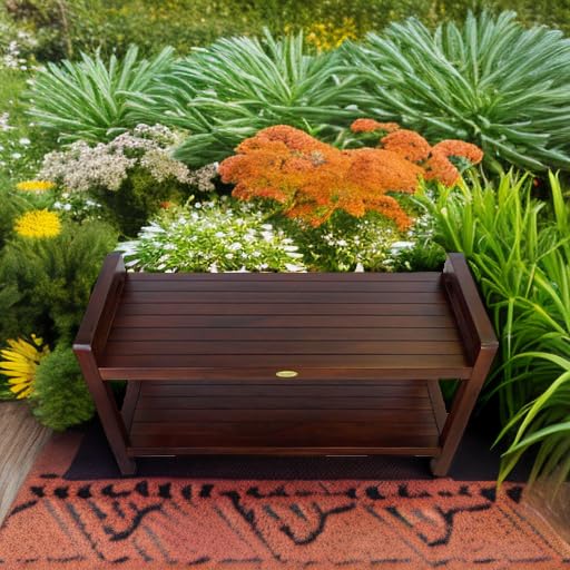 DecoTeak Eleganto 35 Inch Waterproof Teak Wood Shower Bench with Lift Aid Arms - Bathroom Stool Seat & Storage Shelf for Safety & Organization | Perfect for Elderly, Disabled & Spa Showers