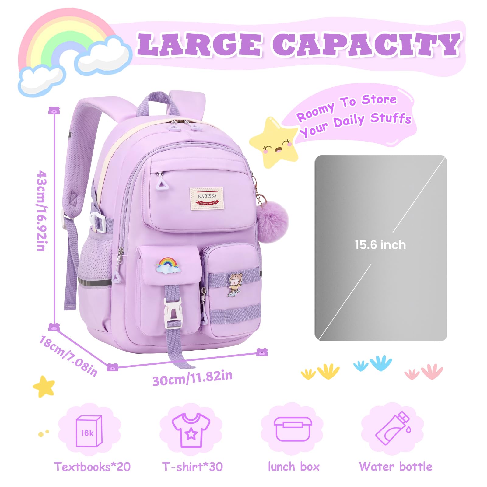 Cute Kawaii Girls Backpack for School - Fashionable Teen Bookbag with Multiple Pockets for Elementary, Middle & High School Students (Purple) - Perfect for Daily Use, Travel & School Supplies Organization