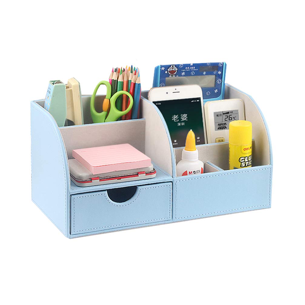 QYQS Sky Blue Desk Organizer - 5 Compartments + Drawer, PU Leather Office Supplies Storage for Pens, Paper Clips & Staples | Easy Clean Workspace Solution for Home & Office
