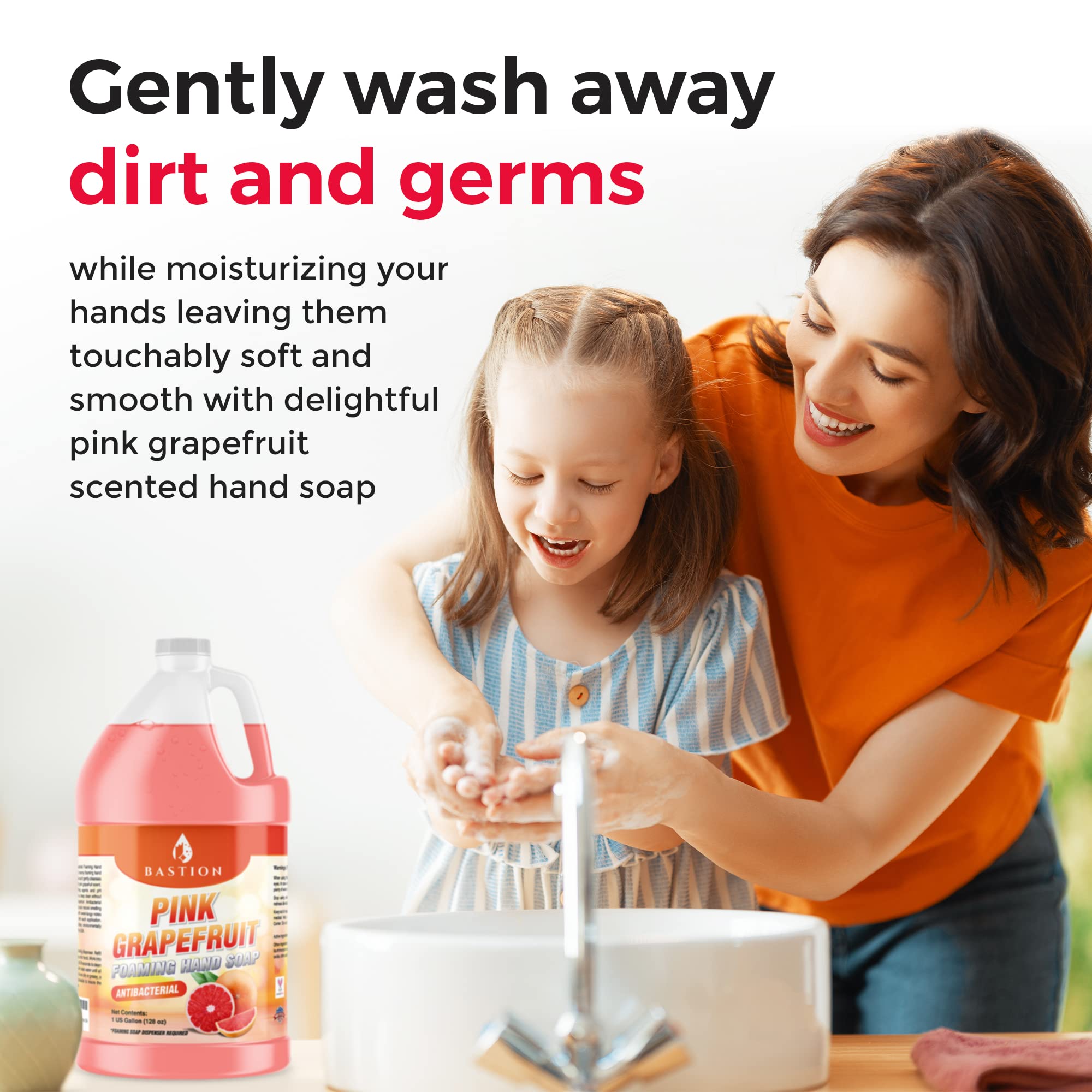 Bastion Pink Grapefruit Antibacterial Foaming Hand Soap Refill - 4 Gallons (512 oz) Bulk Moisturizing Hand Wash for Home, Office & Commercial Use - pH-Balanced, Gentle on Skin - Ideal for Restaurants, Schools and Public Restrooms