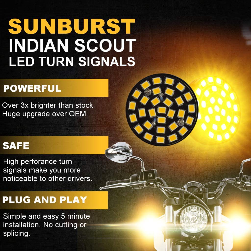 Eagle Lights Sunburst LED Front & Rear Turn Signals for Indian Scout Motorcycle - High Visibility Amber Lights - Pair of 2 - Perfect for Night Riding & Enhanced Safety