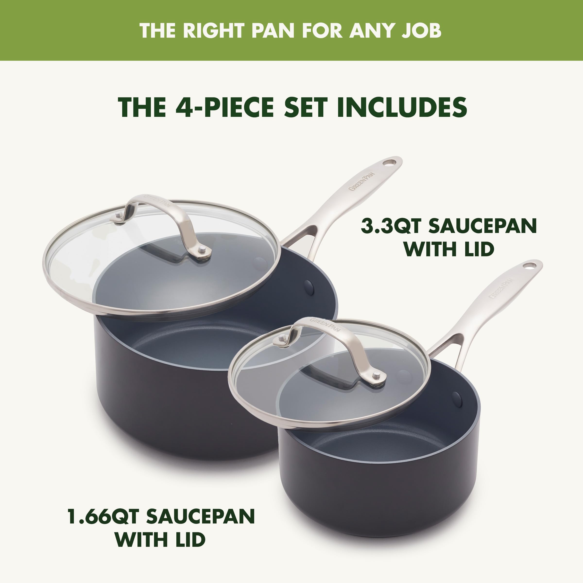 GreenPan Valencia Pro Hard Anodized Healthy Ceramic Nonstick Saucepan Set (1.66QT & 3.3QT) with Lids - PFAS-Free, Induction Compatible, Dishwasher & Oven Safe - Perfect for Cooking, Boiling & Simmering Soups, Sauces and Pasta - Gray