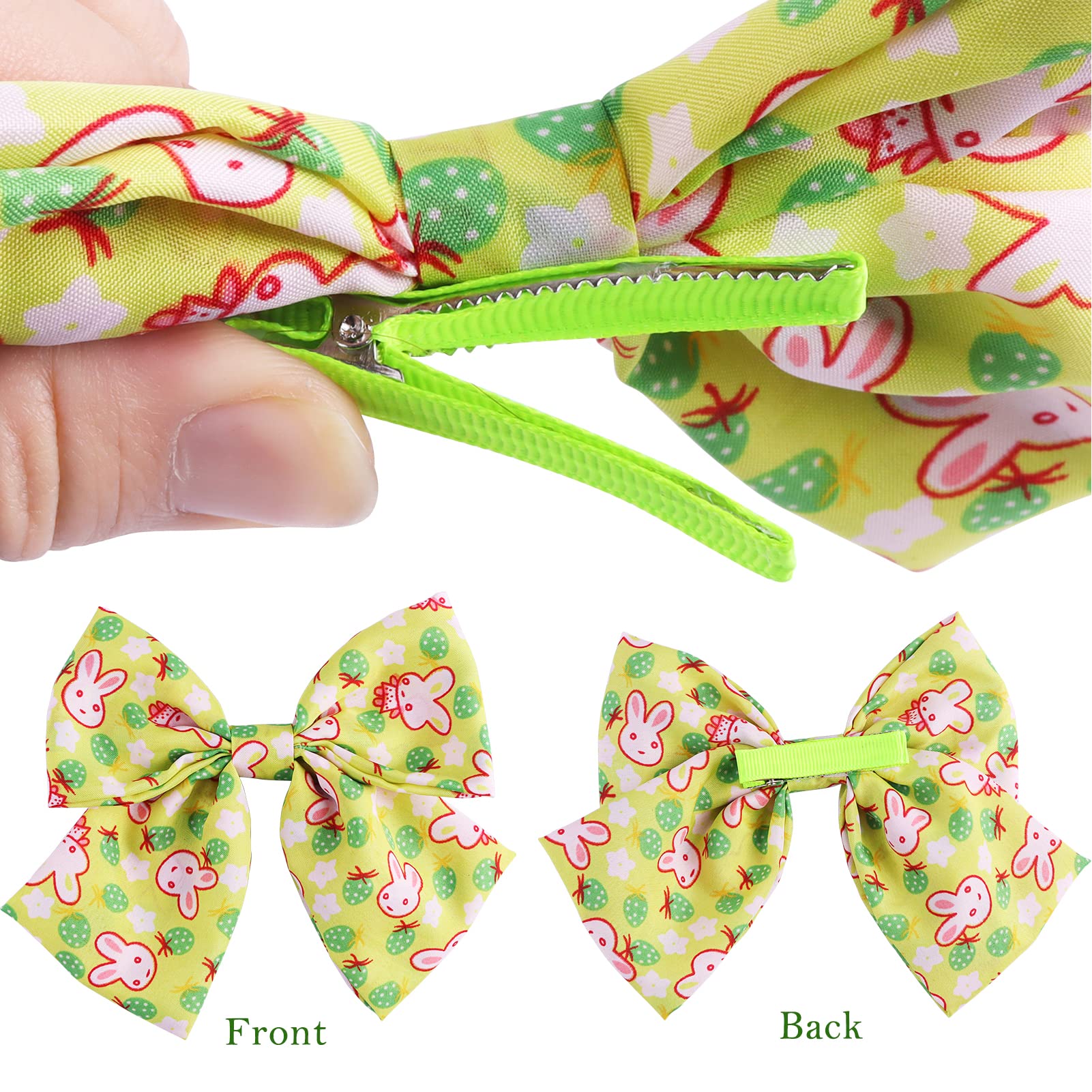 2pcs Easter Big Bow Hair Clips for Girls - Cute French Hair Bows with Rabbit Design, Soft Satin Barrettes & Hair Slides (Green) - Perfect for Easter Outfits, Spring Parties & Photo Shoots