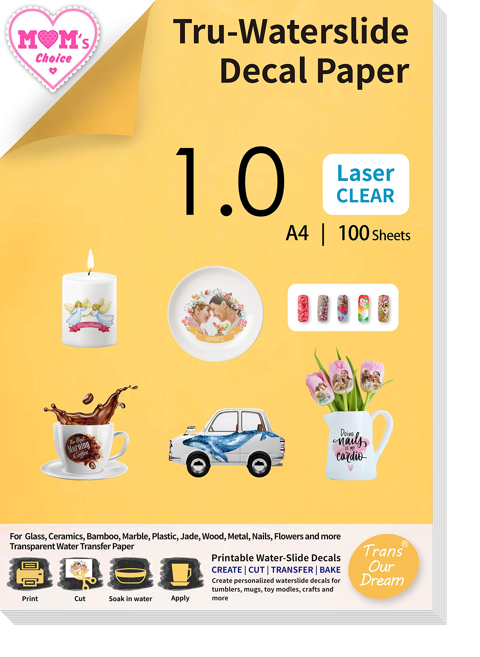 Premium Clear Water Slide Decal Paper for Laser Printer - 100 A4 Sheets - DIY Transparent Water Transfer Decals for Tumblers, Mugs & Glasses - Perfect for Custom Drinkware, Party Favors & Personalized Gifts (TRANS-016-15)