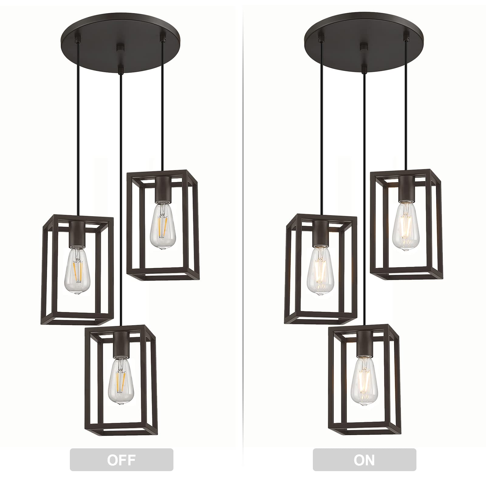 3-Light Adjustable Rustic Farmhouse Pendant Lighting Fixture with Metal Cage - Oil Rubbed Bronze Finish for Kitchen Island, Cafe & Bar | Perfect for Dining Areas, Breakfast Nooks & Commercial Spaces