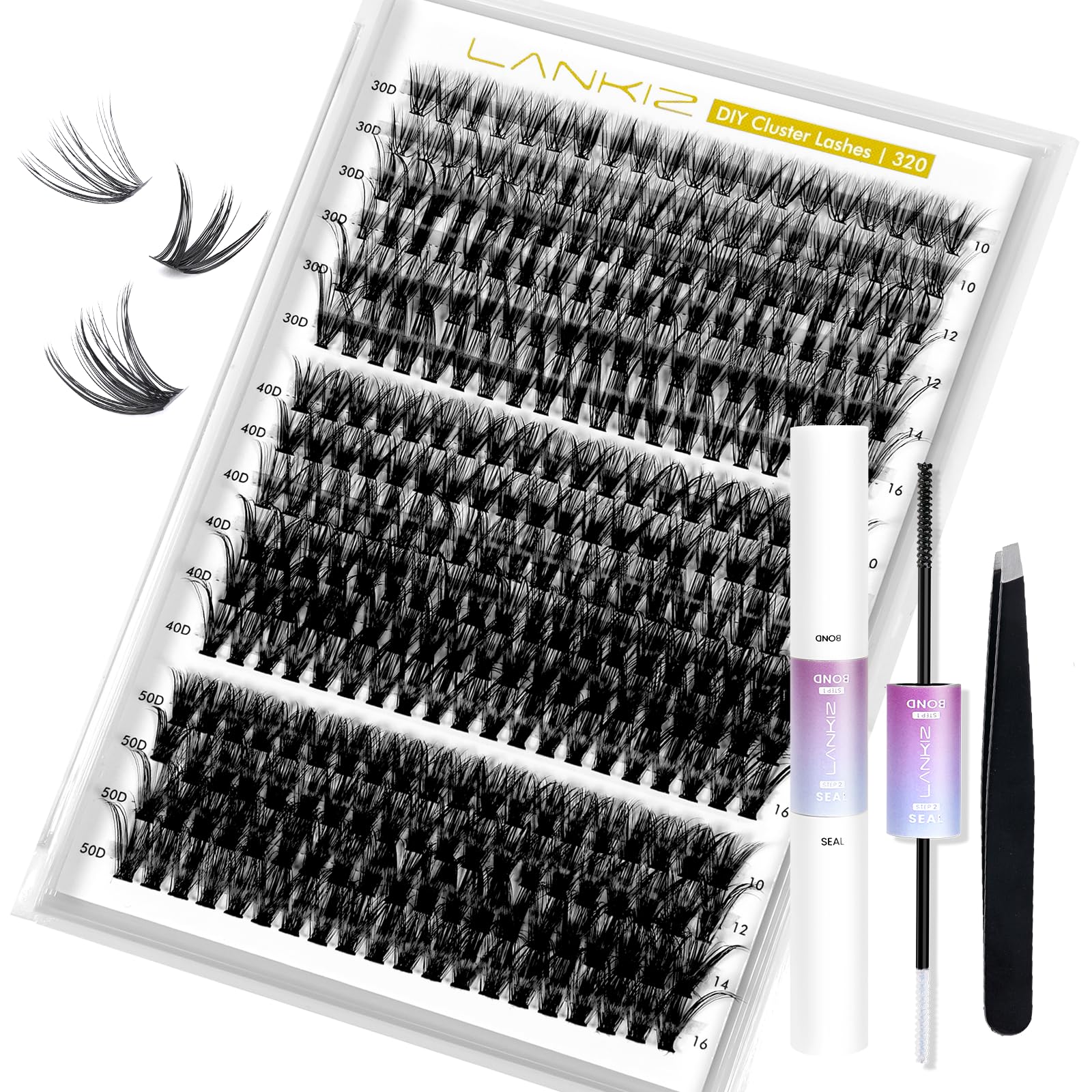 LANKIZ Professional Eyelash Extension Kit - 320pcs Mixed 30D/40D/50D Cluster Lashes with Bond & Seal Glue - DIY Individual False Lashes Kit for Beginners - Perfect for Home Salon, Party Makeup & Special Occasions