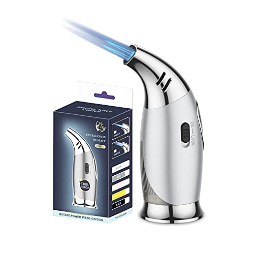 Triple Jet Flame Butane Torch Lighter - Windproof Refillable Gas Torch with Cigar Punch & Safety Lock for BBQ, Baking, Creme Brulee, Soldering, DIY Projects | Perfect for Culinary Use, Outdoor Cooking, and Crafting (No Gas Included)