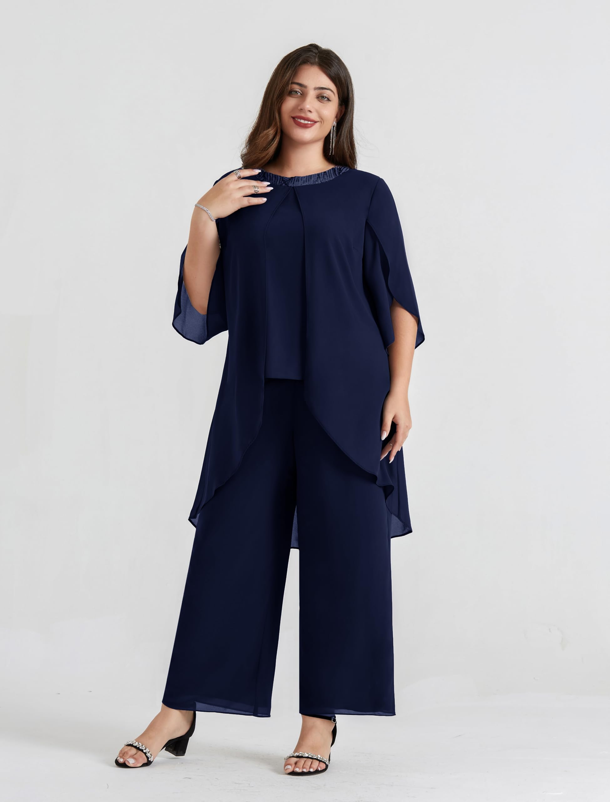 Hanna Nikole Plus Size Mother of The Bride Pant Suits - 2 Piece Chiffon Set with High Low Hem - Elegant Wedding Guest Outfit for Women - Perfect for Weddings, Receptions & Formal Events
