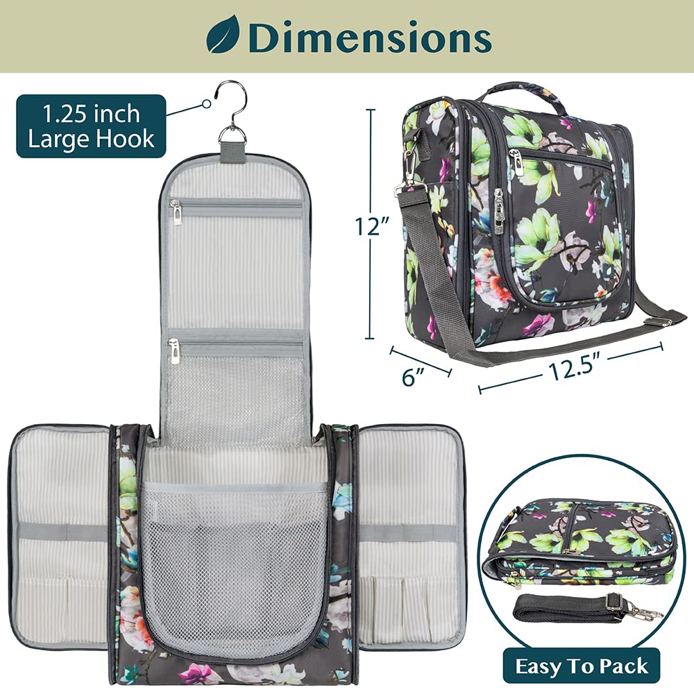 PAVILIA Large Hanging Toiletry Bag - Waterproof Travel Cosmetic Organizer for Women & Men, Floral Grey - Perfect for Travel Essentials & Accessories