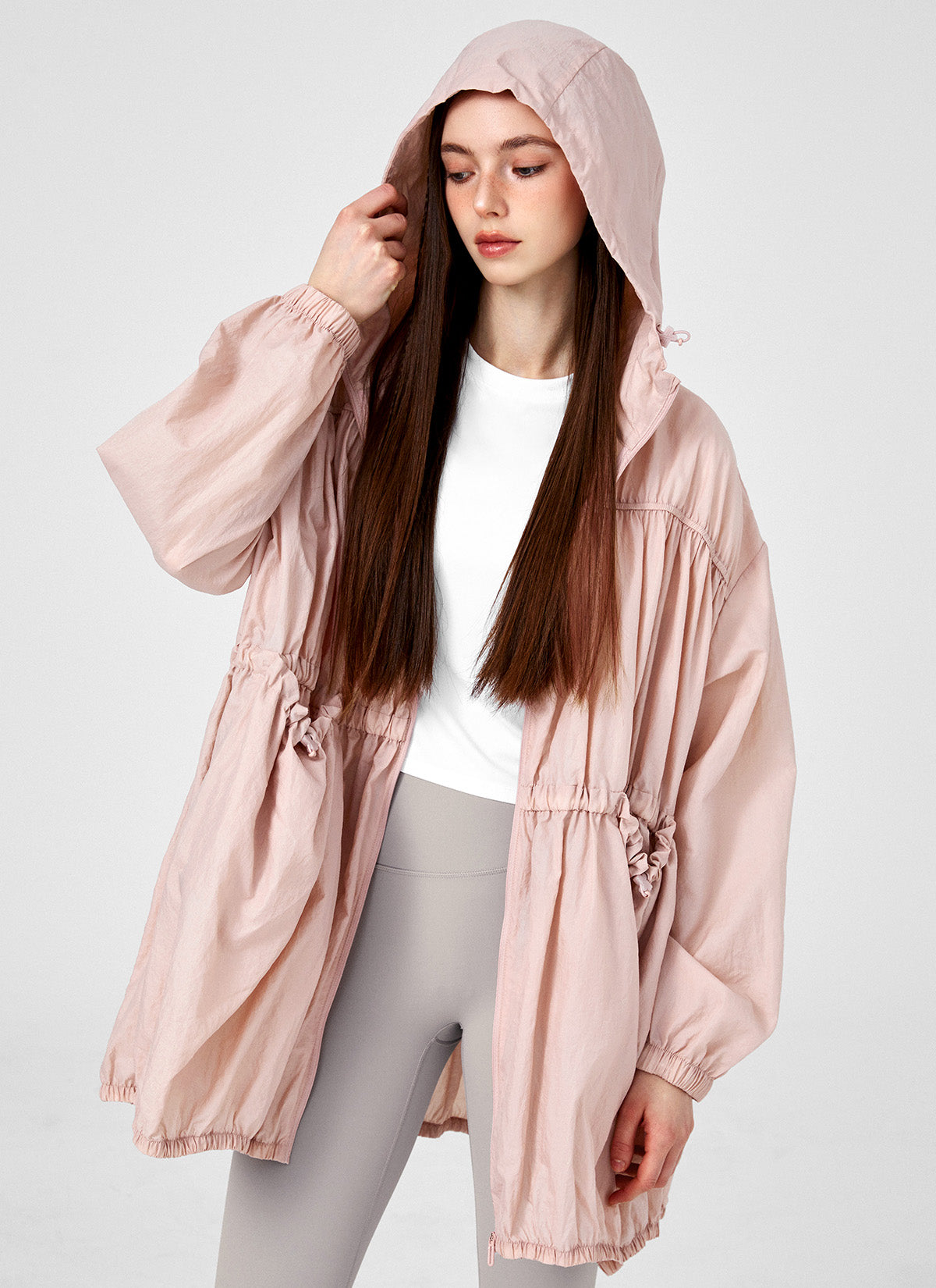 Stylish Airy Balloon Shirring Hood Long Jacket for Women - Lightweight Outerwear for Spring & Fall - Perfect for Casual Outings, Travel, and Layering