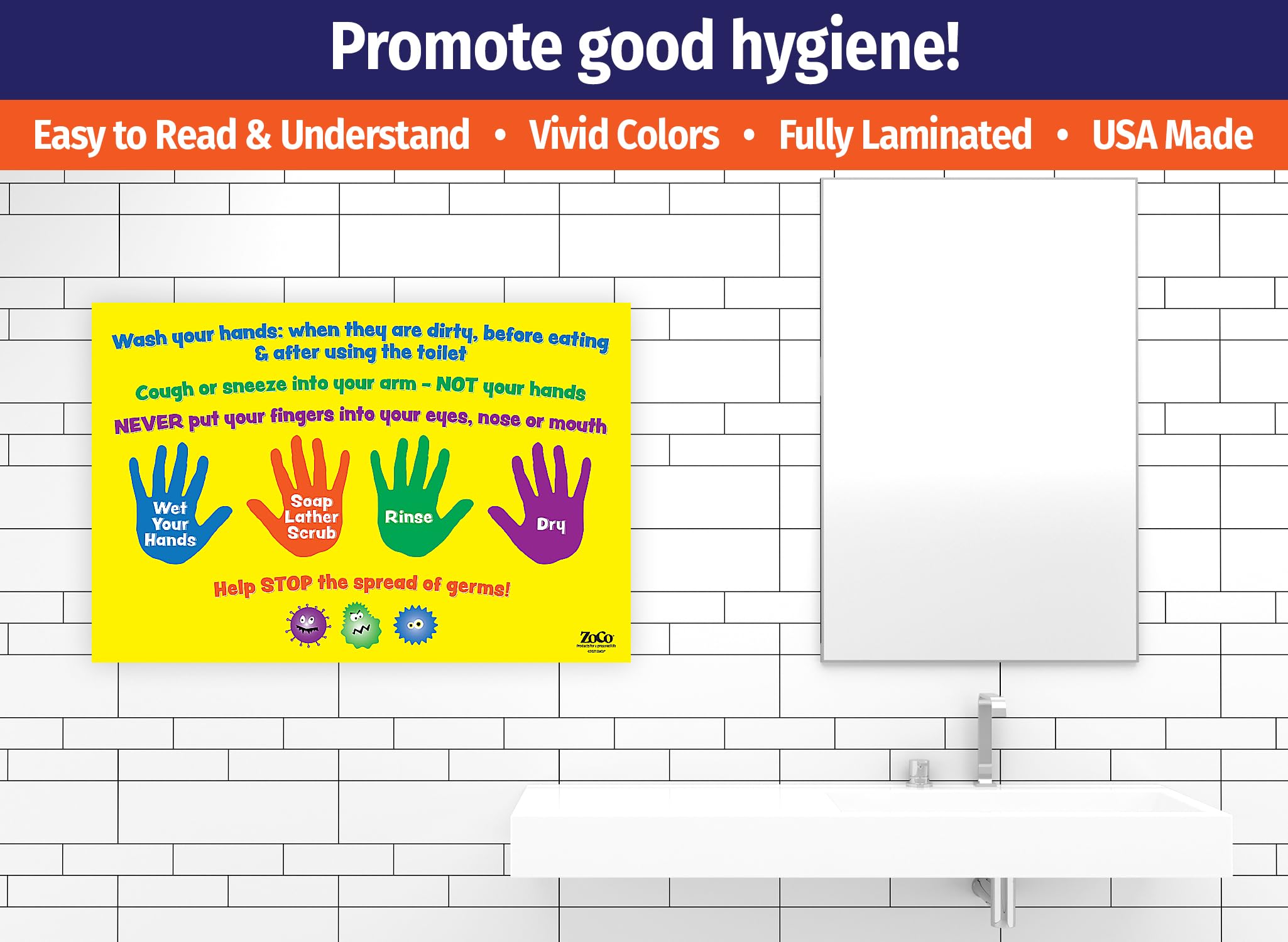 Kids Hand Washing Poster - Laminated 12x18 Inch Safety Magnets for School & Clinic Hygiene