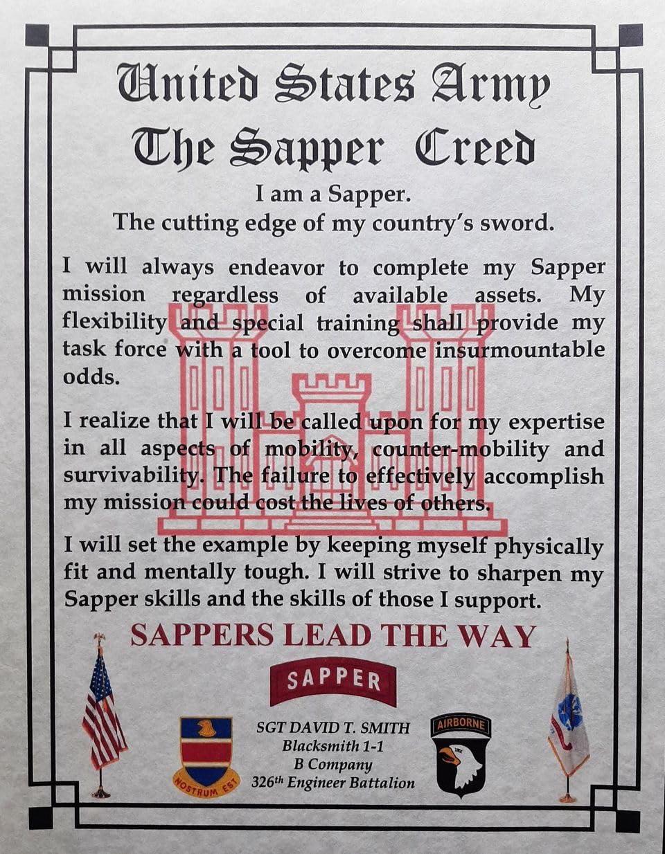 Personalized US Army Sapper Creed Plaque - Custom Military Gift for Soldiers, Veterans & Army Enthusiasts | Perfect for Home Office Decor, Military Appreciation Gifts & Veteran Day Presents