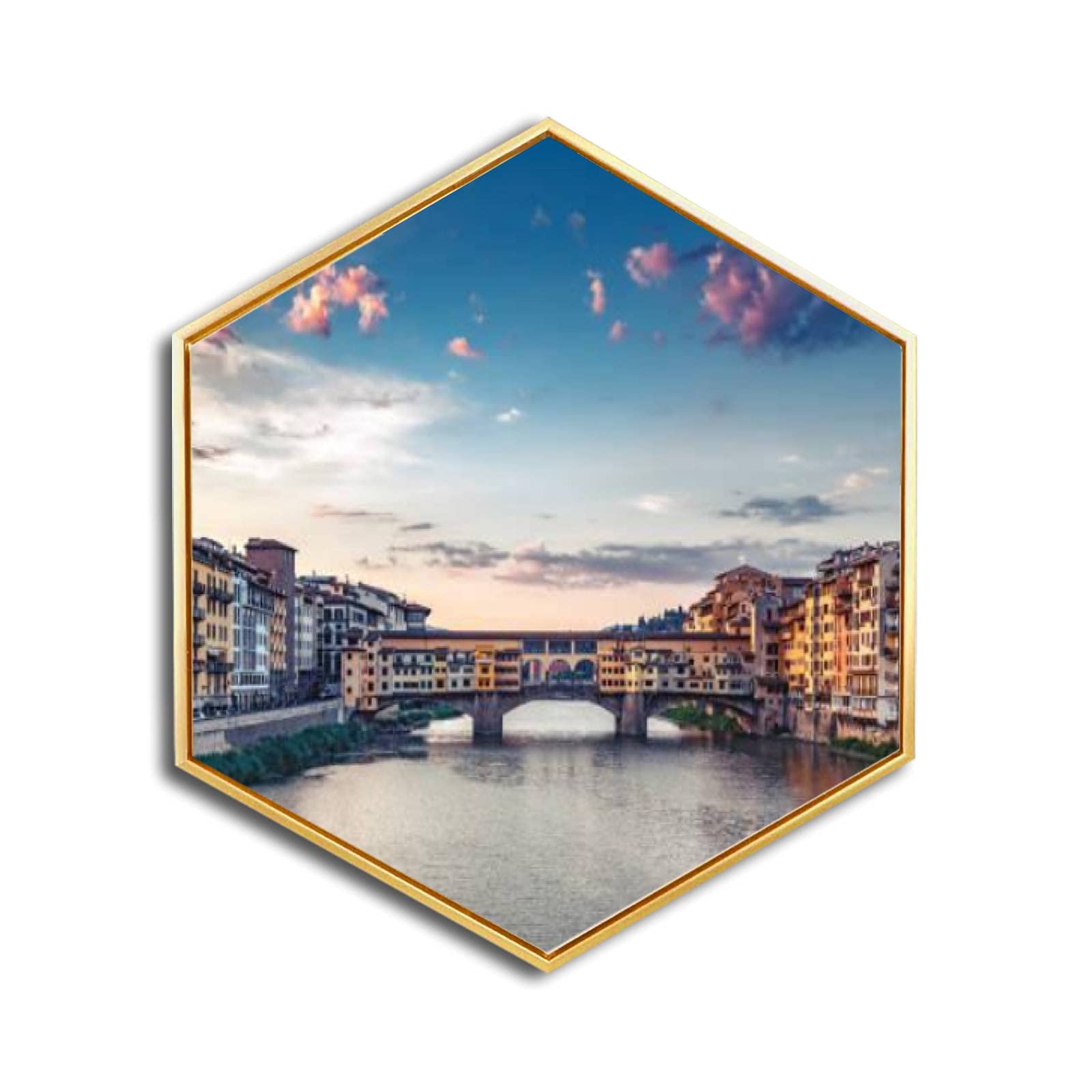 Sunrise Over Ponte Vecchio Florence Italy Canvas Wall Art - Golden Framed Giclee Print - Modern Minimalist Hexagon Wall Decor for Home & Office - Ready to Hang - Perfect for Living Room, Bedroom & Workspace Decor