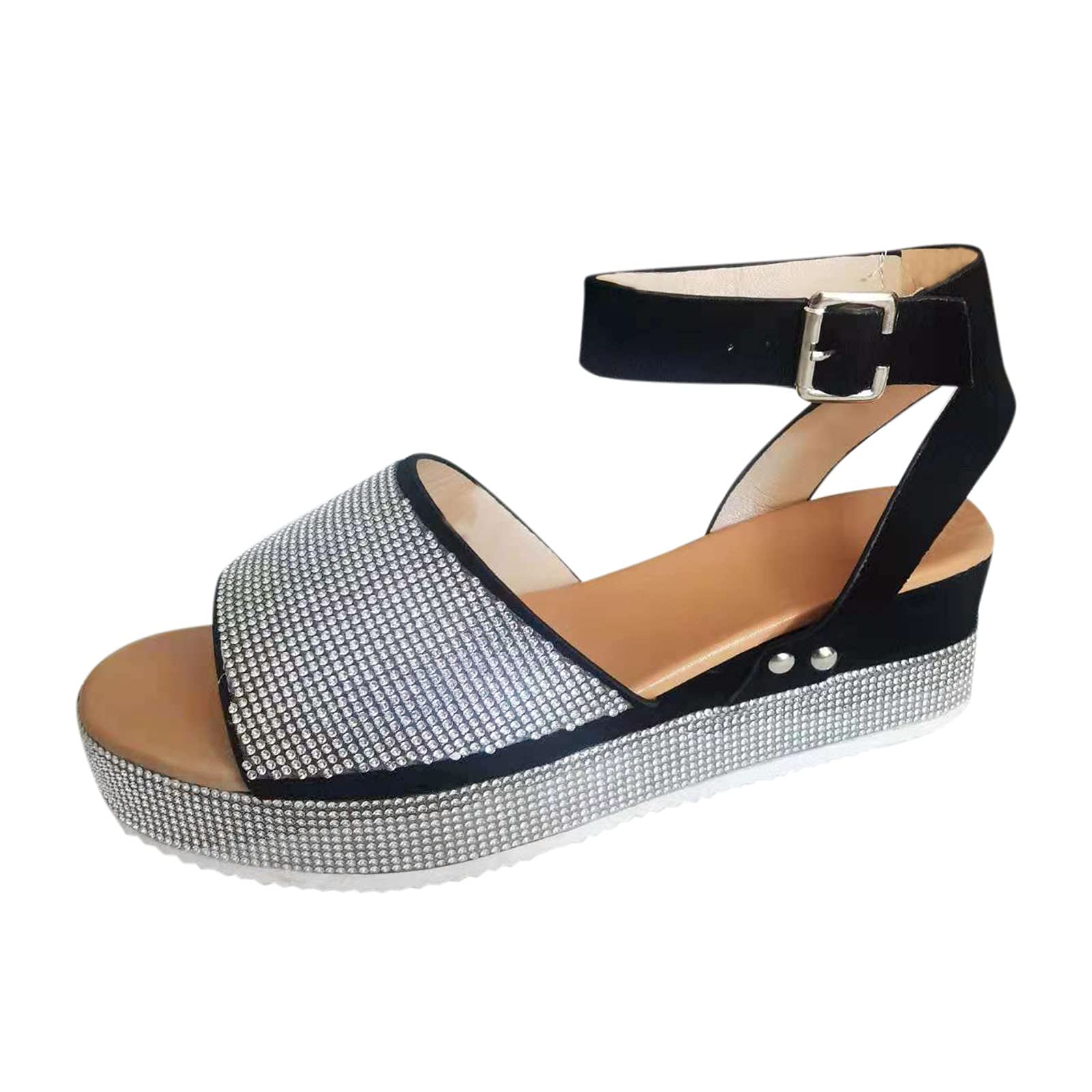 **Women's Rhinestone Strap Sandals - Round Toe Flat Summer Shoes with Crystal Buckle for Outdoor & Casual Wear - Perfect for Beach, Vacation, and Daily Use**