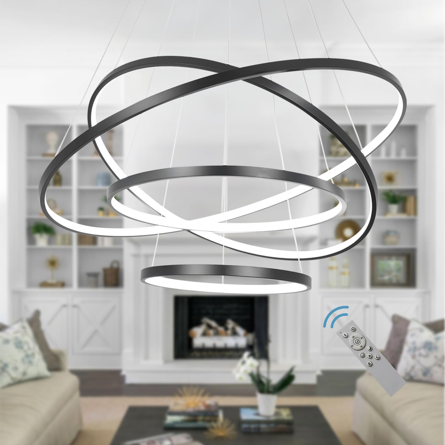 Modern LED Chandelier Lighting - Dimmable 4-Ring Ceiling Light Fixture in Cool White & Black for Dining Room, Living Room, Foyer, Bedroom | Contemporary Pendant Light for Home Decor & Ambient Lighting