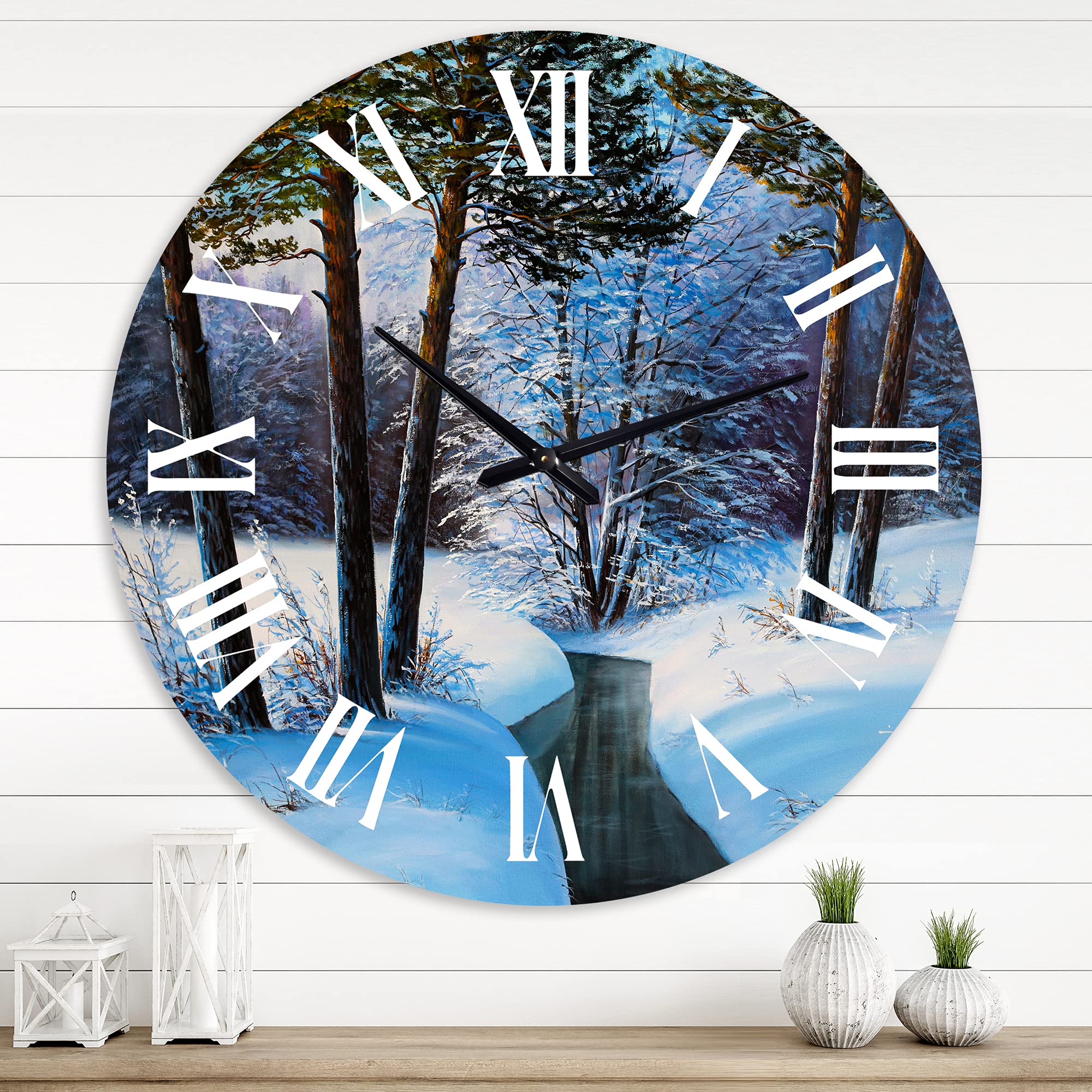 DesignQ Traditional Wall Clock - Christmas Forest with River and Trees III Landscape - Large Decorative Wall Clock for Living Room, Bedroom, Office - Perfect for Holiday Decor & Home Interior Design