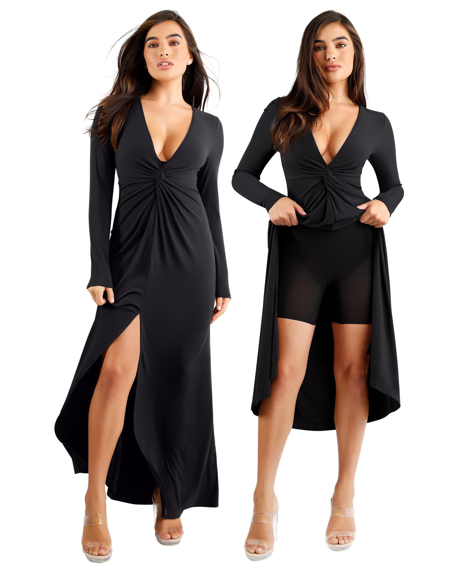 Popilush Women's 8-in-1 Long Sleeve Bodycon Dress with Built-In Shapewear - Formal Wedding Guest Dress 2024 | Slimming Cocktail Party, Office Work, Evening Gala & Special Occasion Outfit