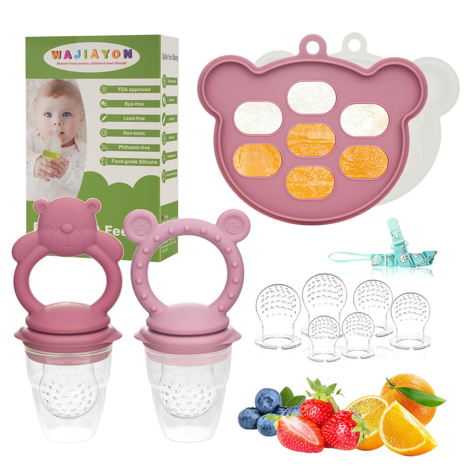 WAJIAYON 4-Pack Silicone Baby Breastmilk Popsicle Molds & Fruit Feeder - BPA-Free Freezer Storage Containers, Teething Pacifier and Soother for Infants - Perfect for Homemade Puree, Breastmilk Storage & Teething Relief (Pink)