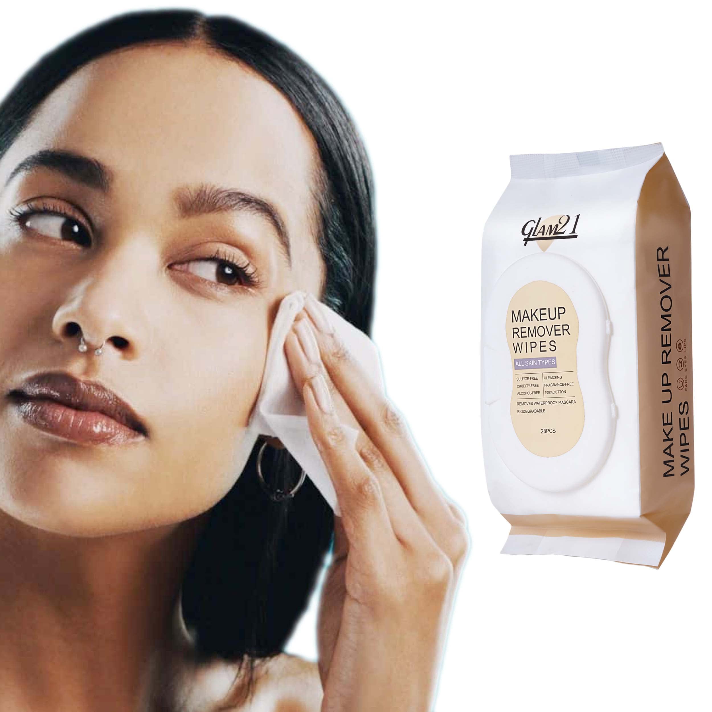 Glam21 Fragrance-Free Makeup Remover Wipes | 100% Cotton Pre-Moistened Facial Cleansing Wipes for All Skin Types | Hydrating & Refreshing | 28 Count | Perfect for Travel, Gym & Daily Skincare Routine