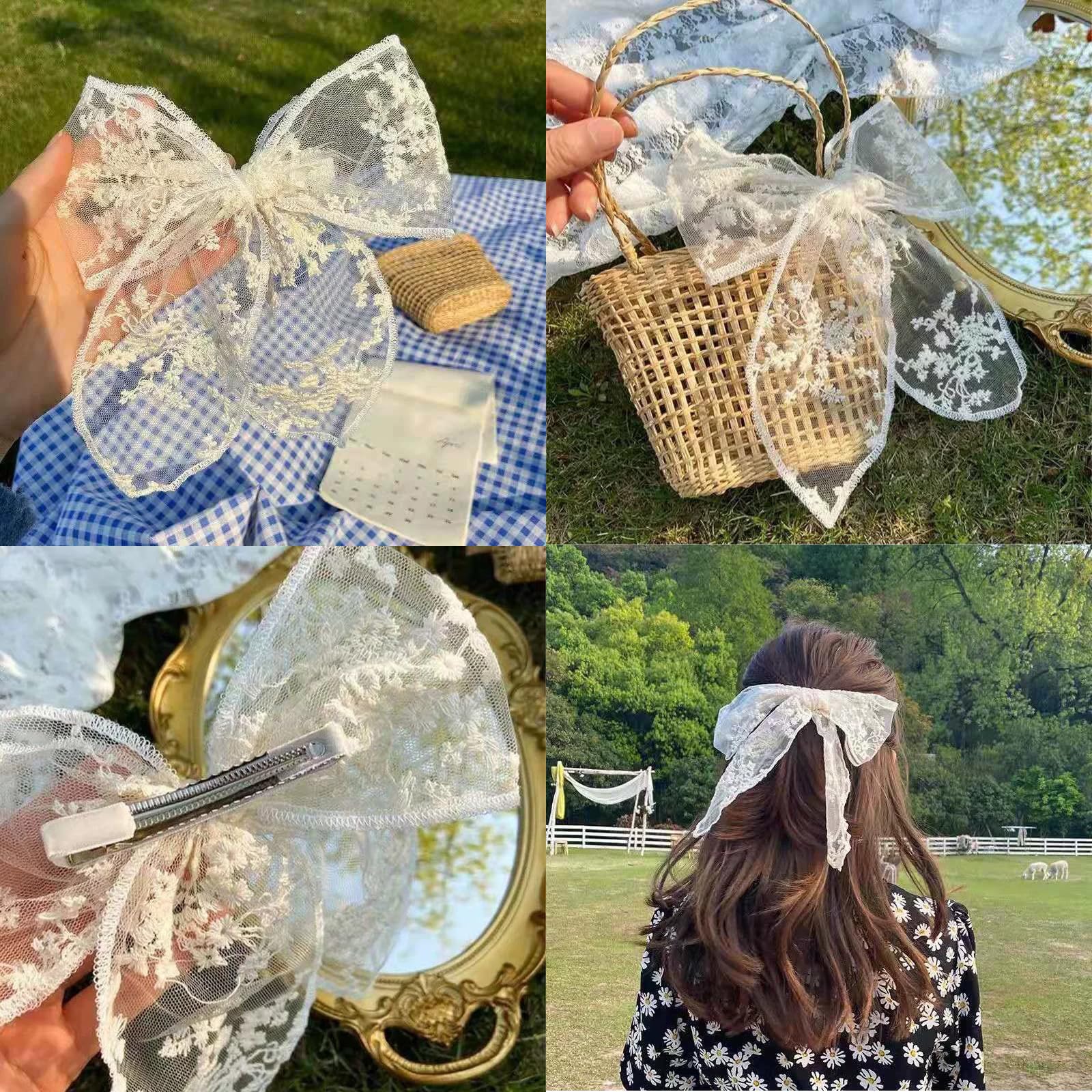 2PCS Large Lace Hair Bow Clips for Women & Girls - Elegant Translucent Mesh Drape Bow Barrettes Hair Accessories (Black+White) - Perfect for Weddings, Parties & Daily Fashion Styling