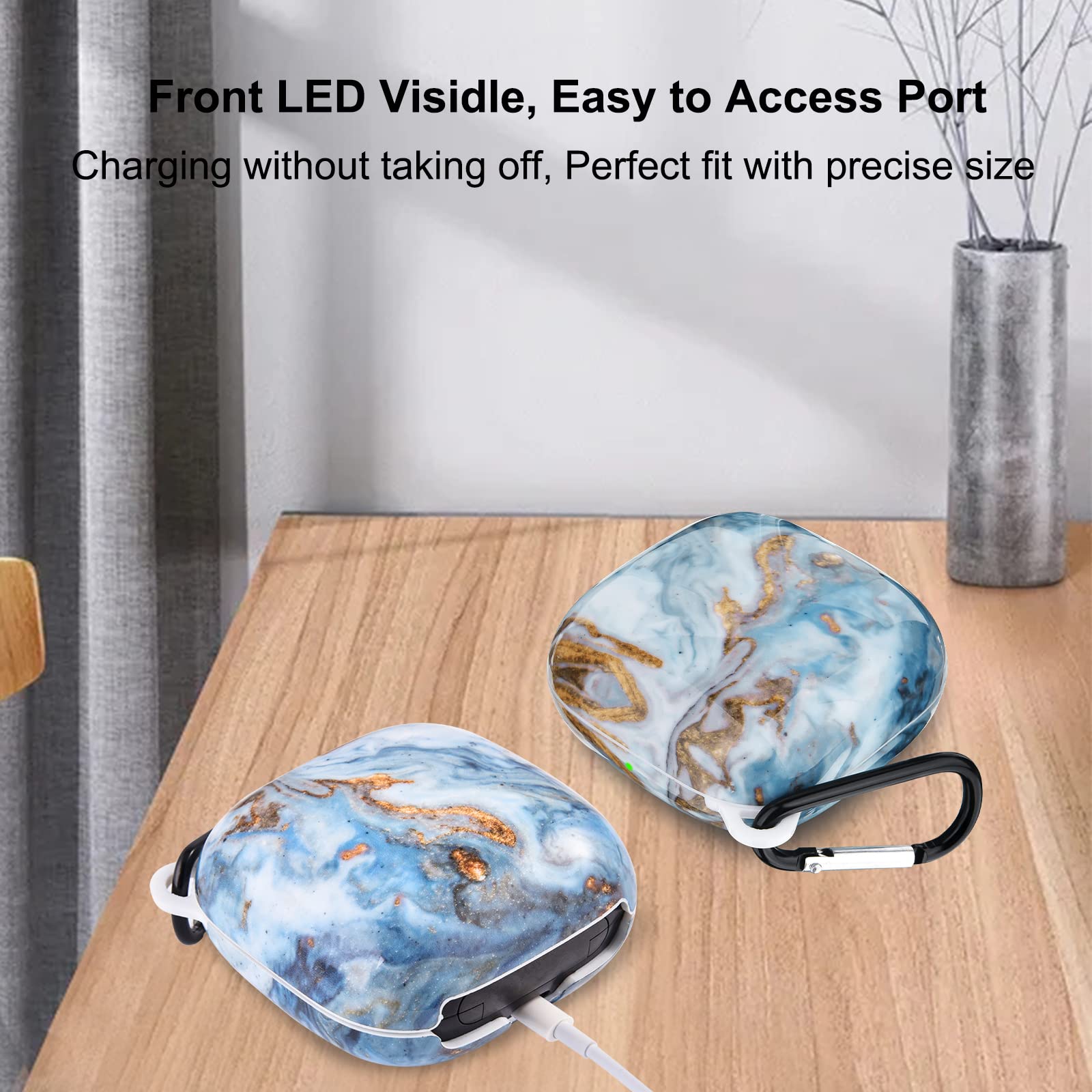 Shockproof Protective Case for Beats Powerbeats Pro - Upgraded Anti-Lost Design with Carabiner Clip, Marble Blue | Perfect for Gym, Running, Travel & Outdoor Activities