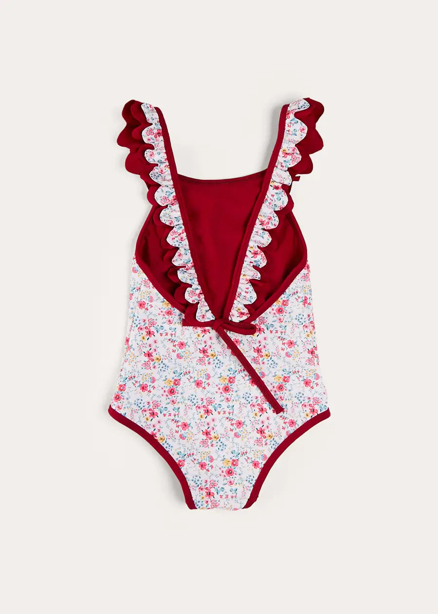 Louisa Floral Ruffle Trim Swimsuit for Girls Age 2-10 Years | Pink Ruffled Bathing Suit | Perfect for Beach, Pool & Summer Vacations