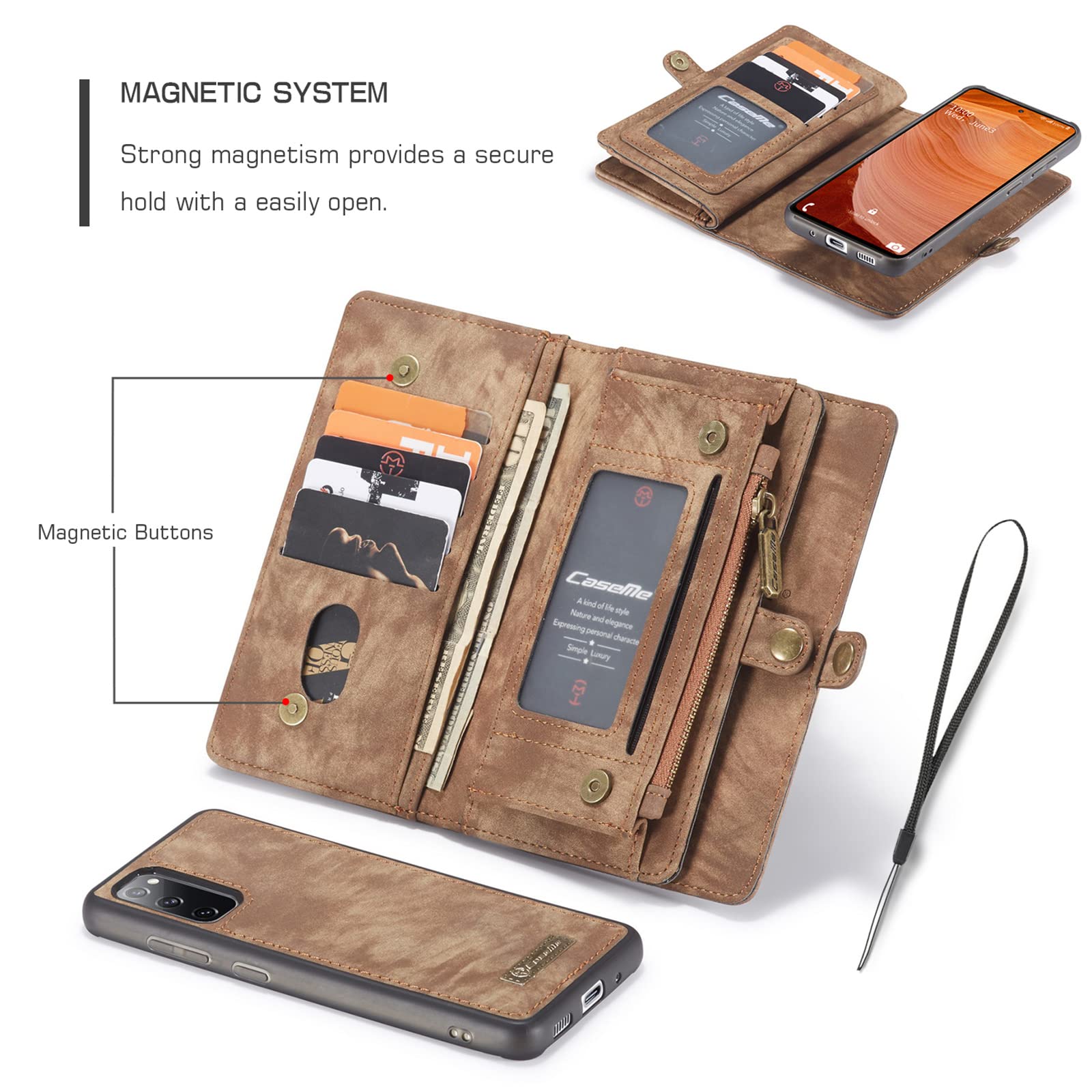 Samsung Galaxy S20 FE Wallet Case - 2 in 1 PU Leather Magnetic Flip Cover with 11 Card Slots, Kickstand & Lanyard Strap | Perfect for Work, Travel & Everyday Use