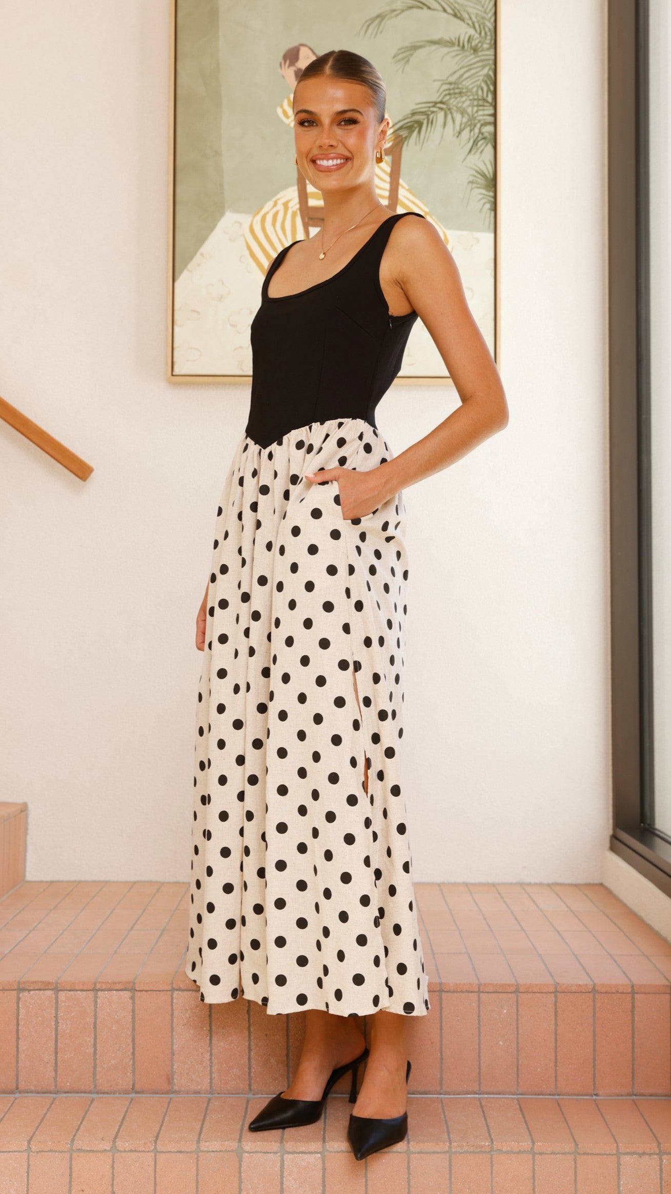 Leoni Maxi Dress - Oat & Black Spot Floral Print - Women's Long Boho Summer Dress for Beach, Vacation & Casual Wear