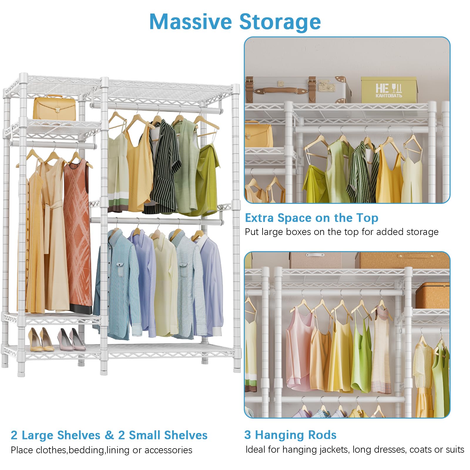 VIPEK V2S Heavy Duty 4-Tier Metal Clothes Rack with 3 Hanging Rods - 800LBS Capacity Freestanding Garment Storage Organizer for Closet, Laundry Room, or Commercial Use - White