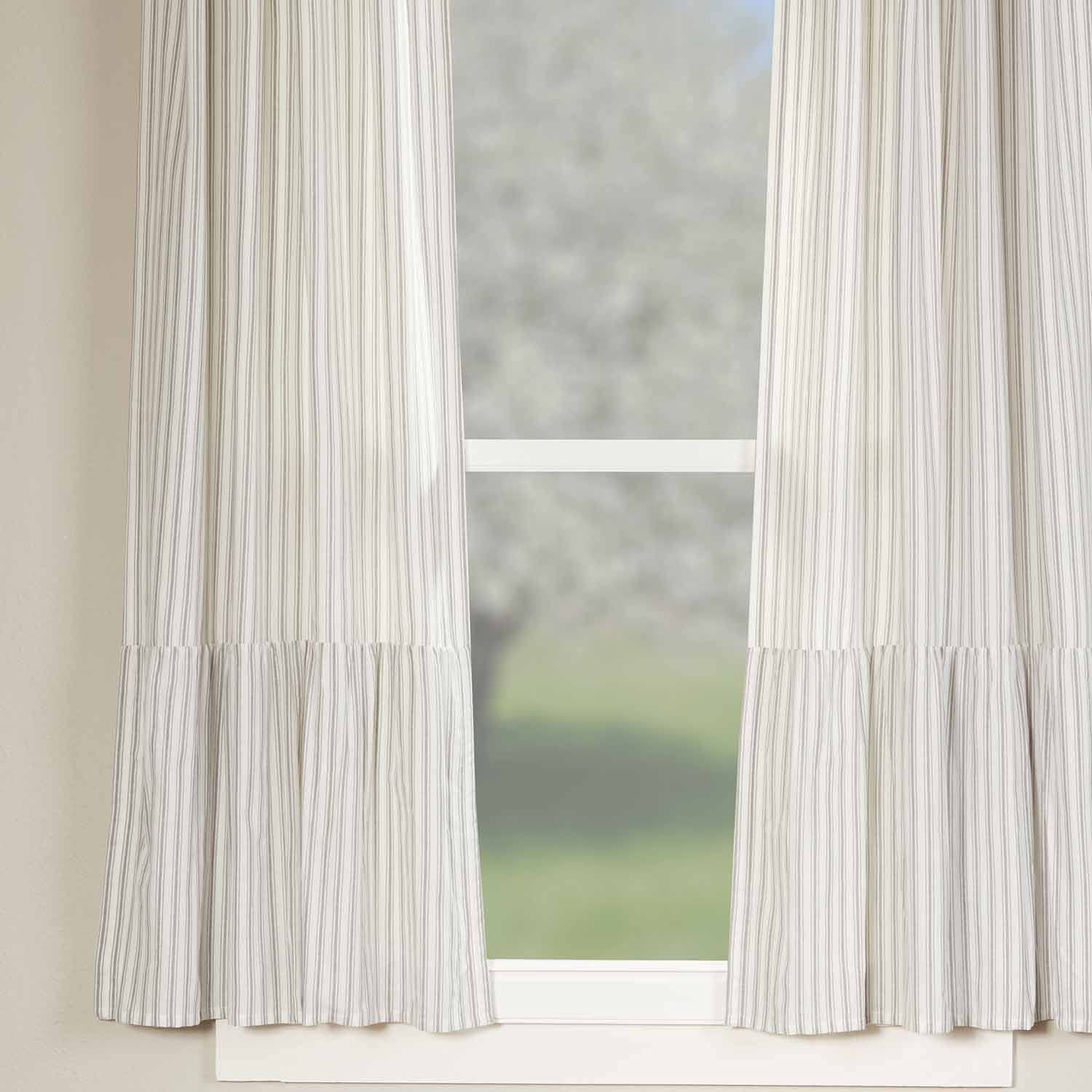 Timeless Ticking Ruffled Panel Curtains Set of 2 - 63 Inch Long Soft White & Gray Striped Farmhouse Drapes for Living Room, Bedroom & Dining Room