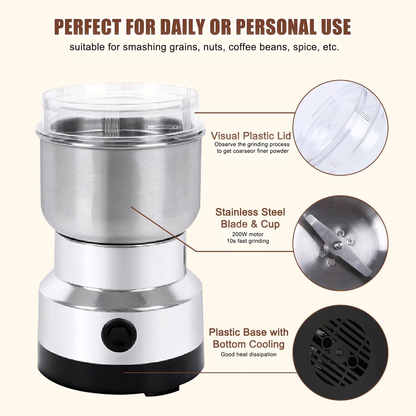 150W Electric Coffee & Spice Grinder - 4 Blade 300ml Mini Home Grinder for Coffee Beans, Nuts, Grains & Seasonings | Perfect for Kitchen, Camping & Baking Needs