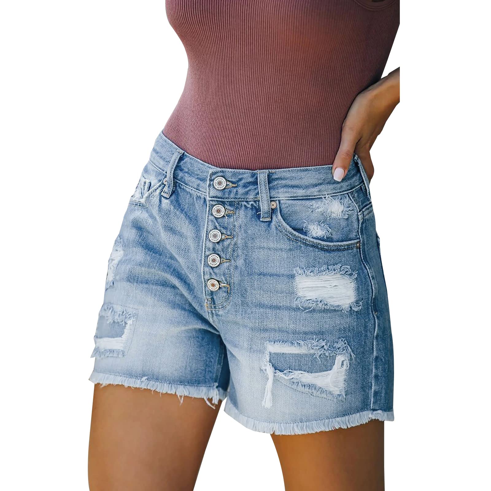 LONGYIDA Women's High Waisted Ripped Denim Shorts - Stretchy Button Fly Distressed Jean Shorts for Casual Wear | Perfect for Summer Outfits, Beach Vacations & Street Style