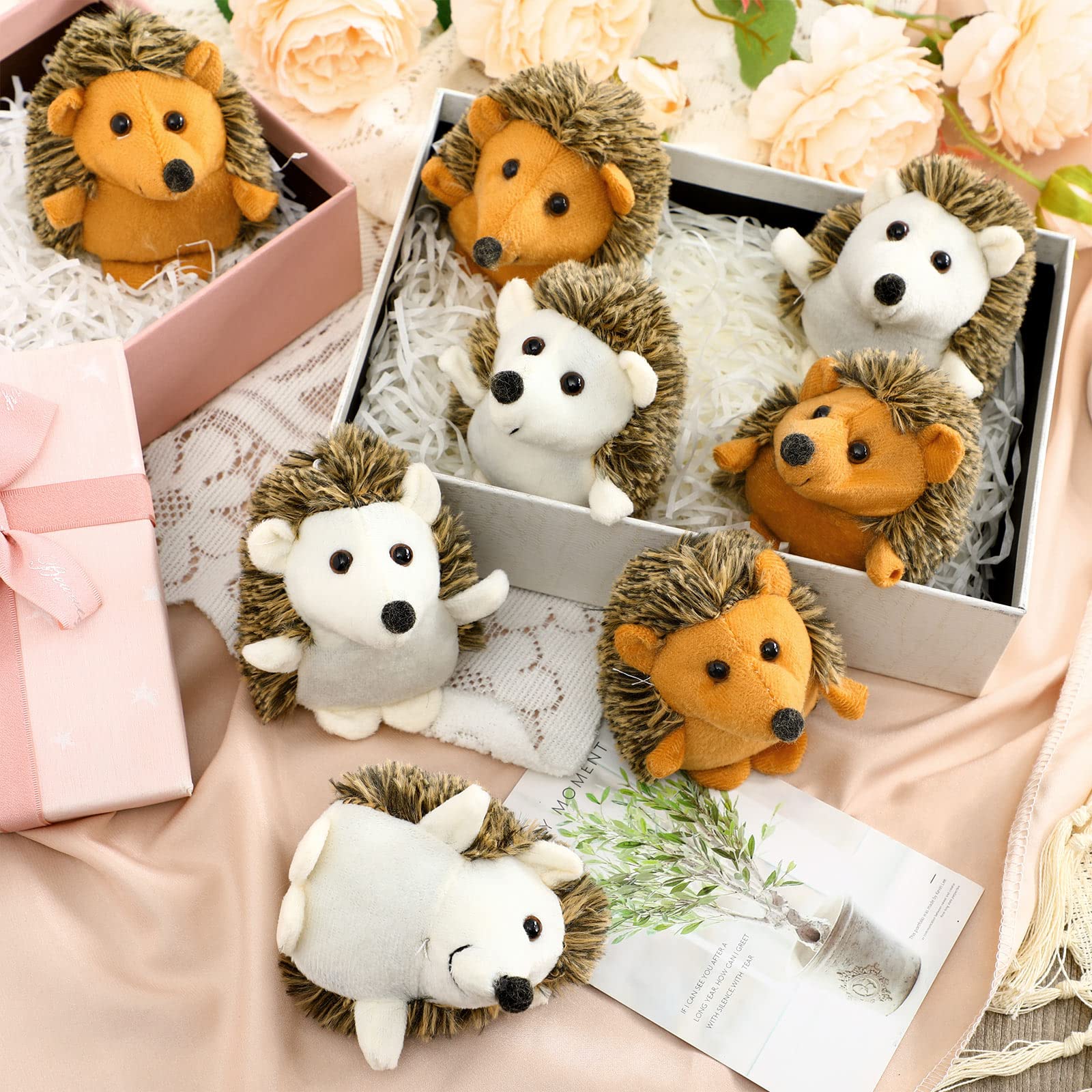 16 Pcs Mini Hedgehog Plush Stuffed Animals - 4 Inch Bulk Plush Toys for Party Favors, DIY Keychains, Valentine's Day Gifts, Kids & Girls Birthday Presents, Wedding Decor (Brown & Beige) - Perfect for Baby Showers, Classroom Rewards, and Christmas Stocking Stuffers