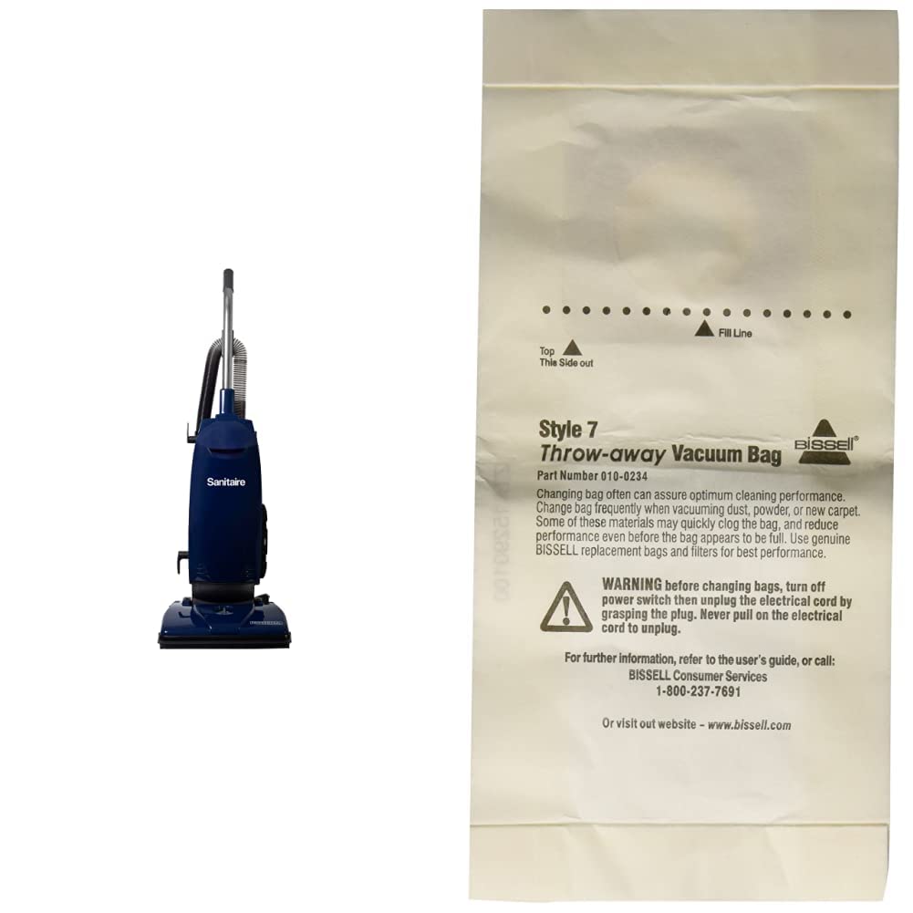 Sanitaire SL4110A Professional Bagged Upright Vacuum Cleaner with On-Board Tools & Bissell Style 7 Vacuum Bags (32120) - White | Powerful Cleaning for Carpets & Hard Floors | Ideal for Homes, Offices & Commercial Spaces