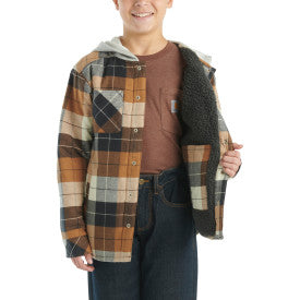 Carhartt Youth Boys Long Sleeve Flannel Button Down Hooded Shirt Jacket - Warm Brown Plaid for Outdoor Activities & Casual Wear